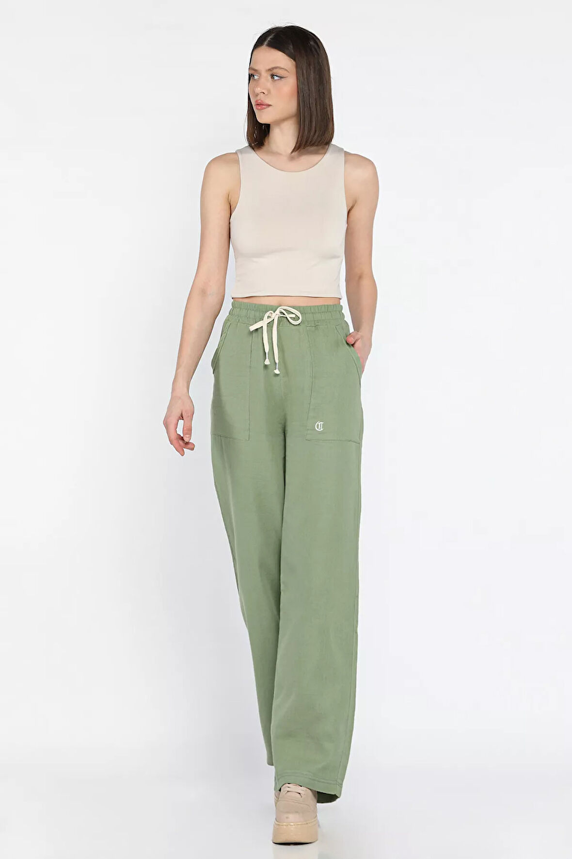 Bel Bağlamalı Kadın Bol Paça Pantolon