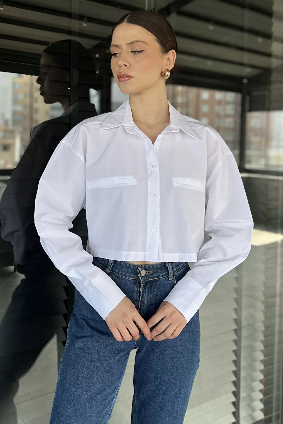 Kadın Basic Crop Top Gömlek
