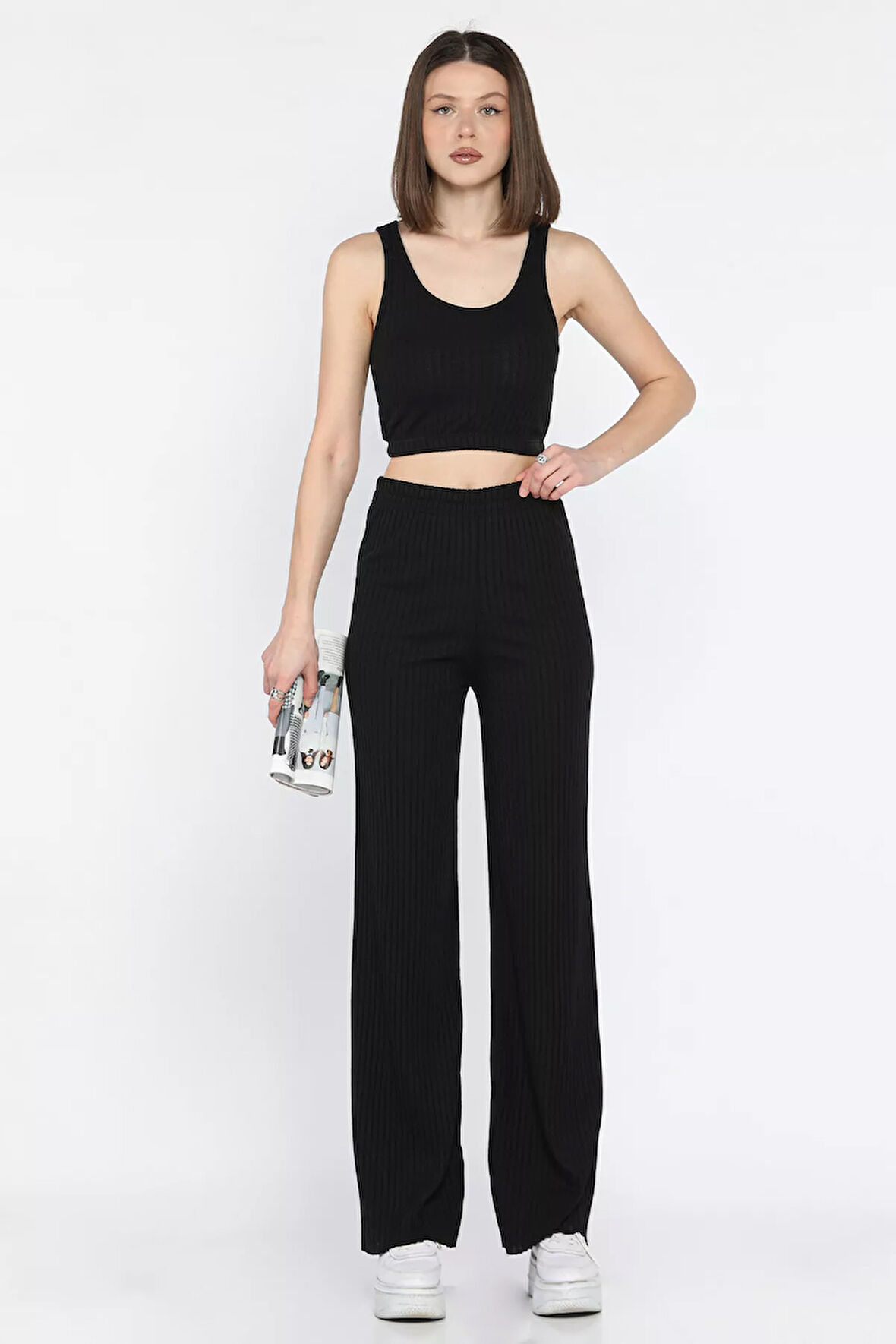 Kadın Sıfır Kol Crop Top Bluz Pantolon İkili Takım