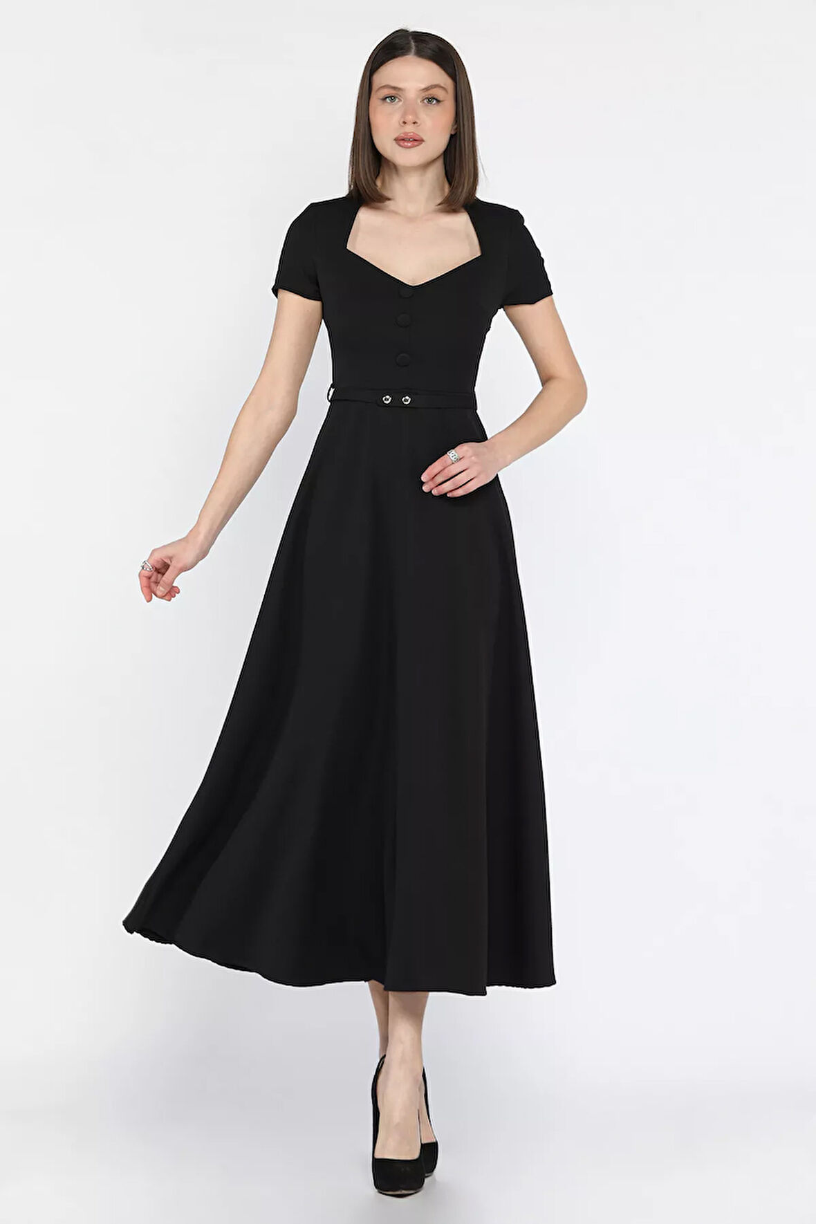 Kadın Omuz Vatkalı Kemerli Kiloş Elbise