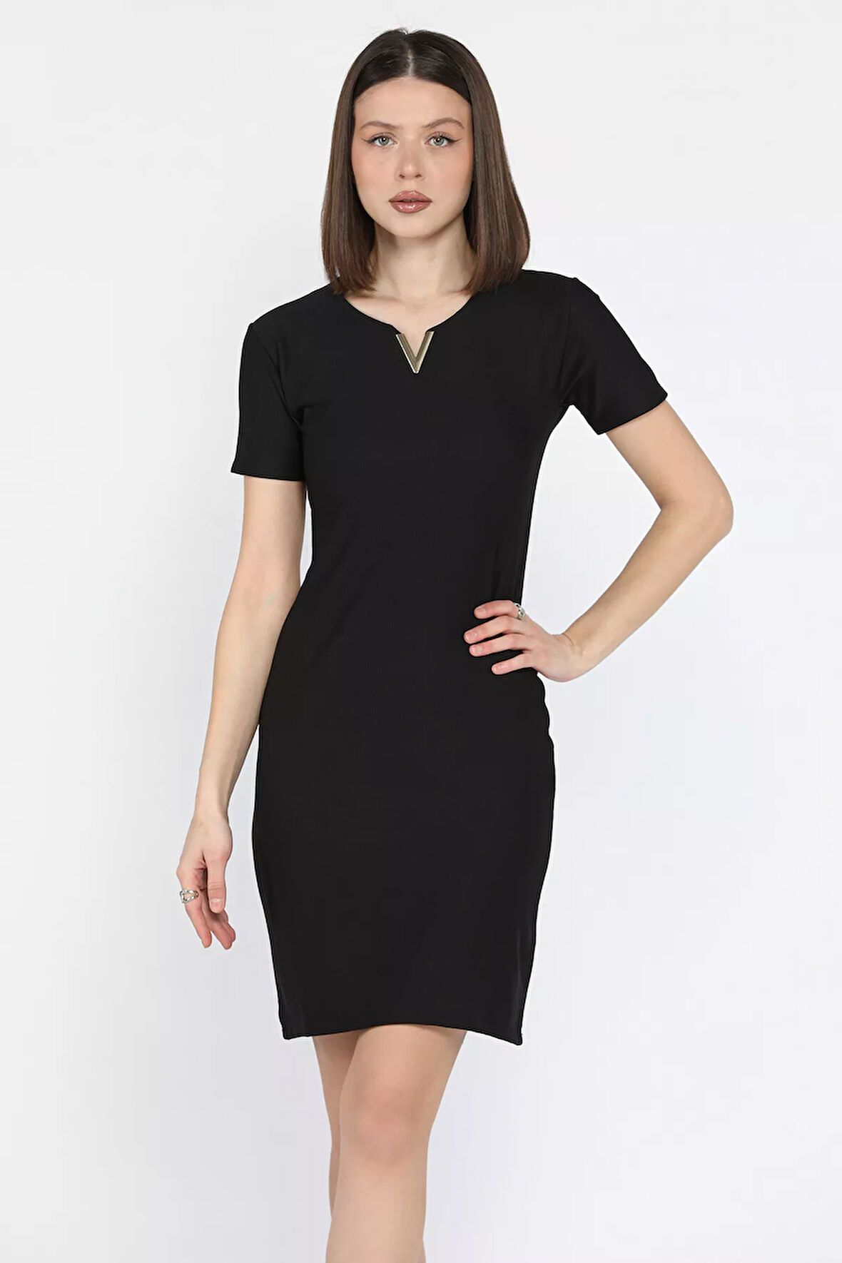 Kadın Gold Toka Detaylı Likralı Elbise