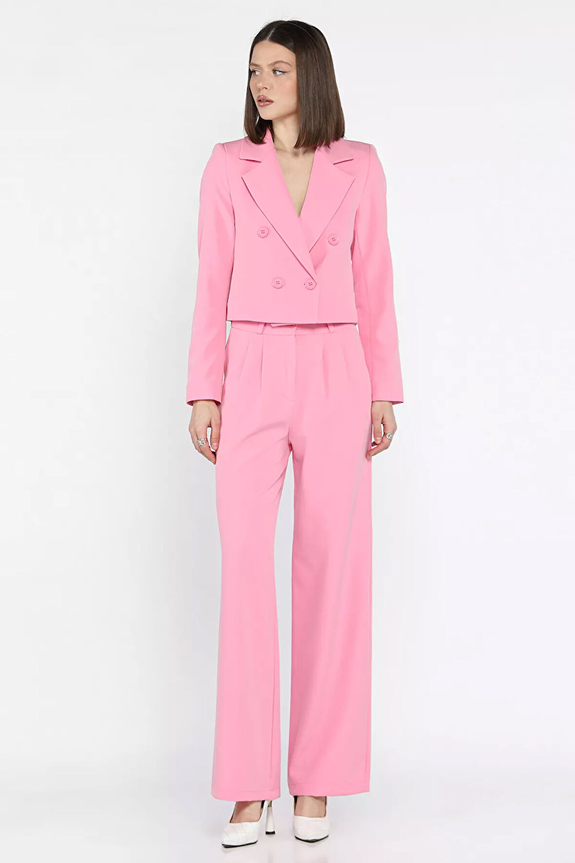 Kadın Dört Düğmeli Blazer Ceket Palazzo Pantolon İkili Takım