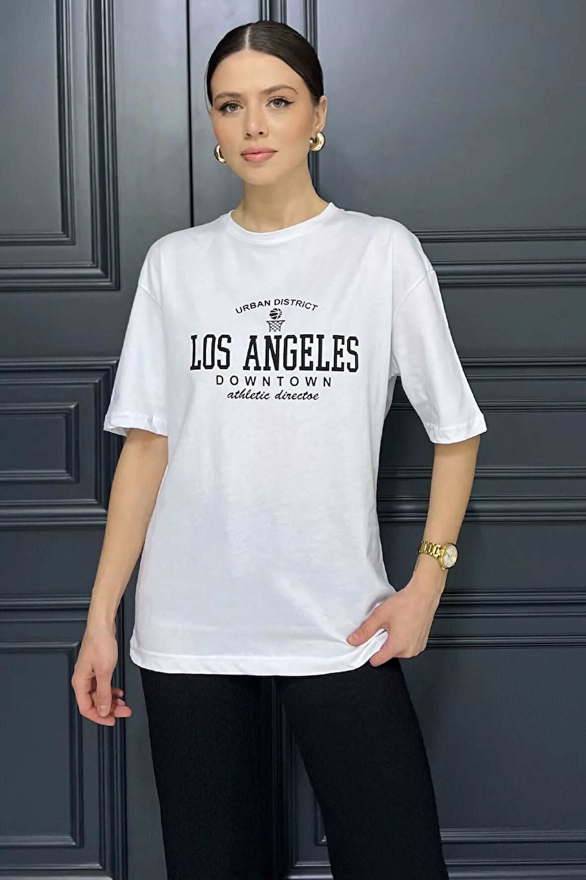 Kadın Bisiklet Yaka Los Angeles Baskılı Salaş Tişört