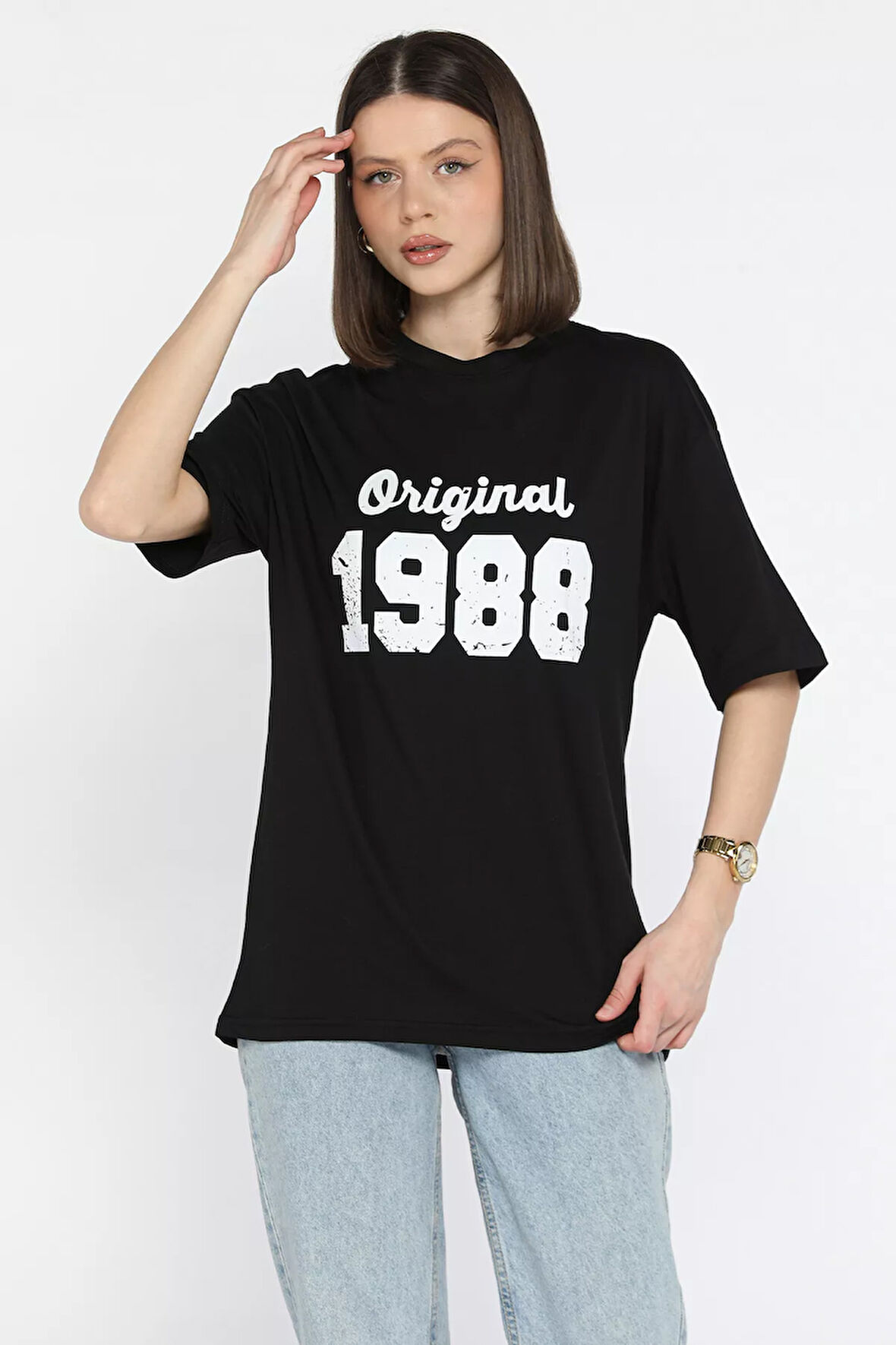 Kadın Ön Baskılı Bisiklet Yaka Oversize Tişört