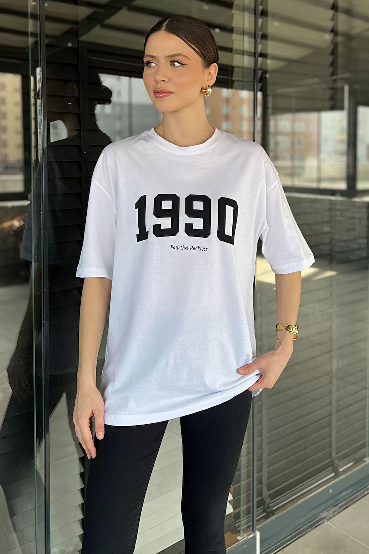 Kadın Ön Baskılı Oversize Bisiklet Yaka Tişört