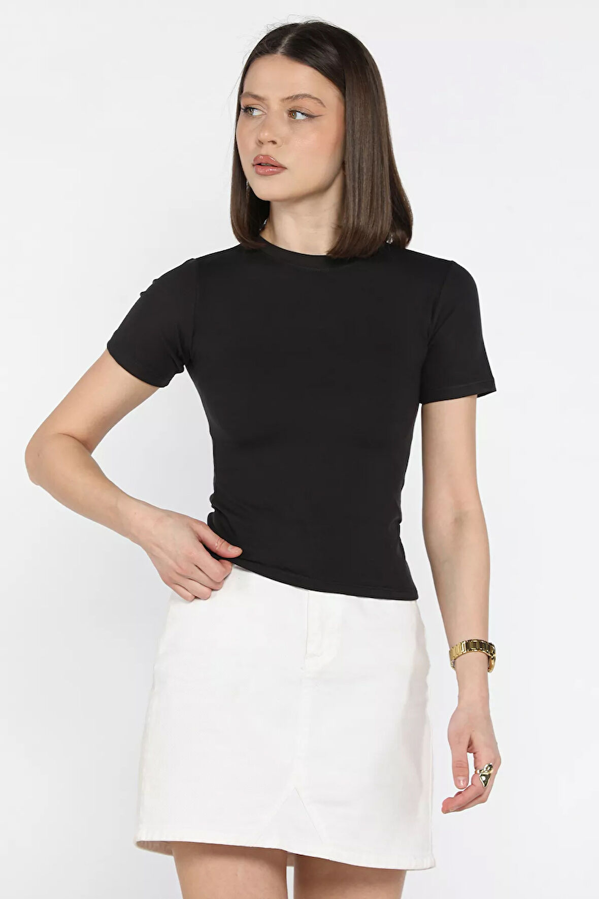Kadın Bisiklet Yaka Likralı Modal Kumaş Crop Top Bluz