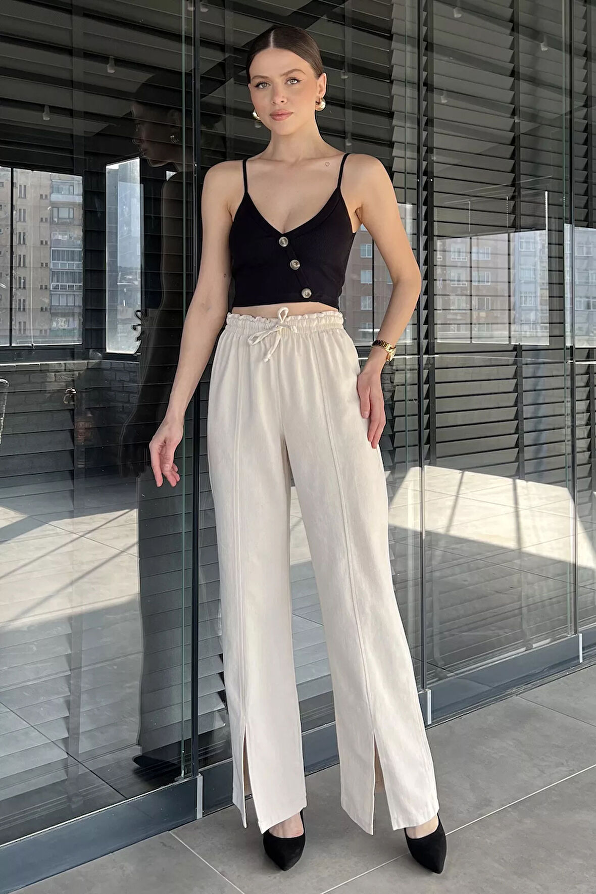 Bel Lastikli Yırtmaçlı Keten Pantolon