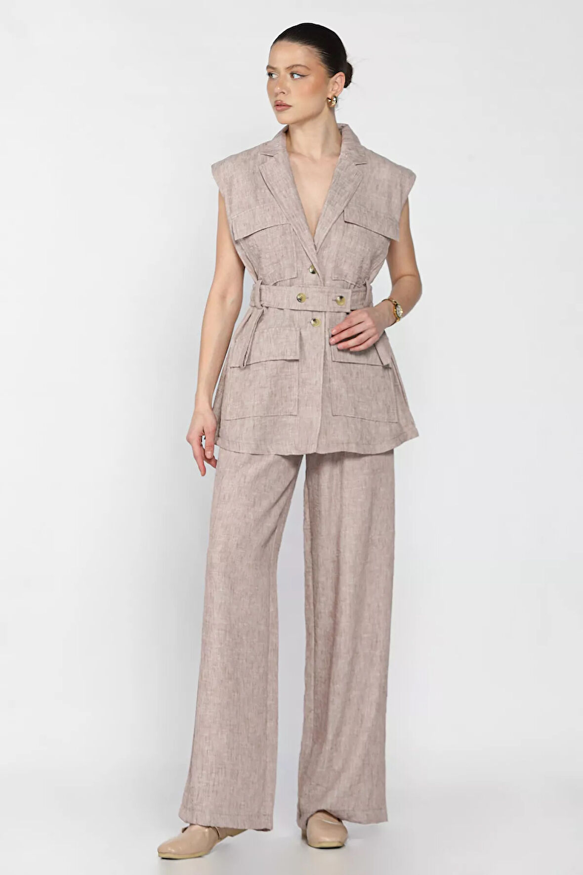 Kadın Bel Kuşaklı Yelek Pantolon İkili Takım