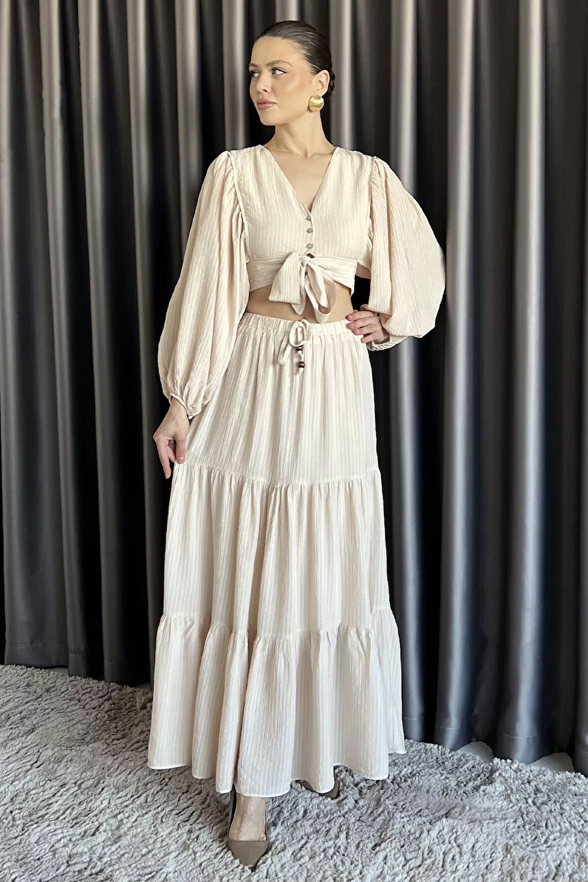 Kadın Balon Kol Ön Bağlamalı Bluz Etek İkili Takım