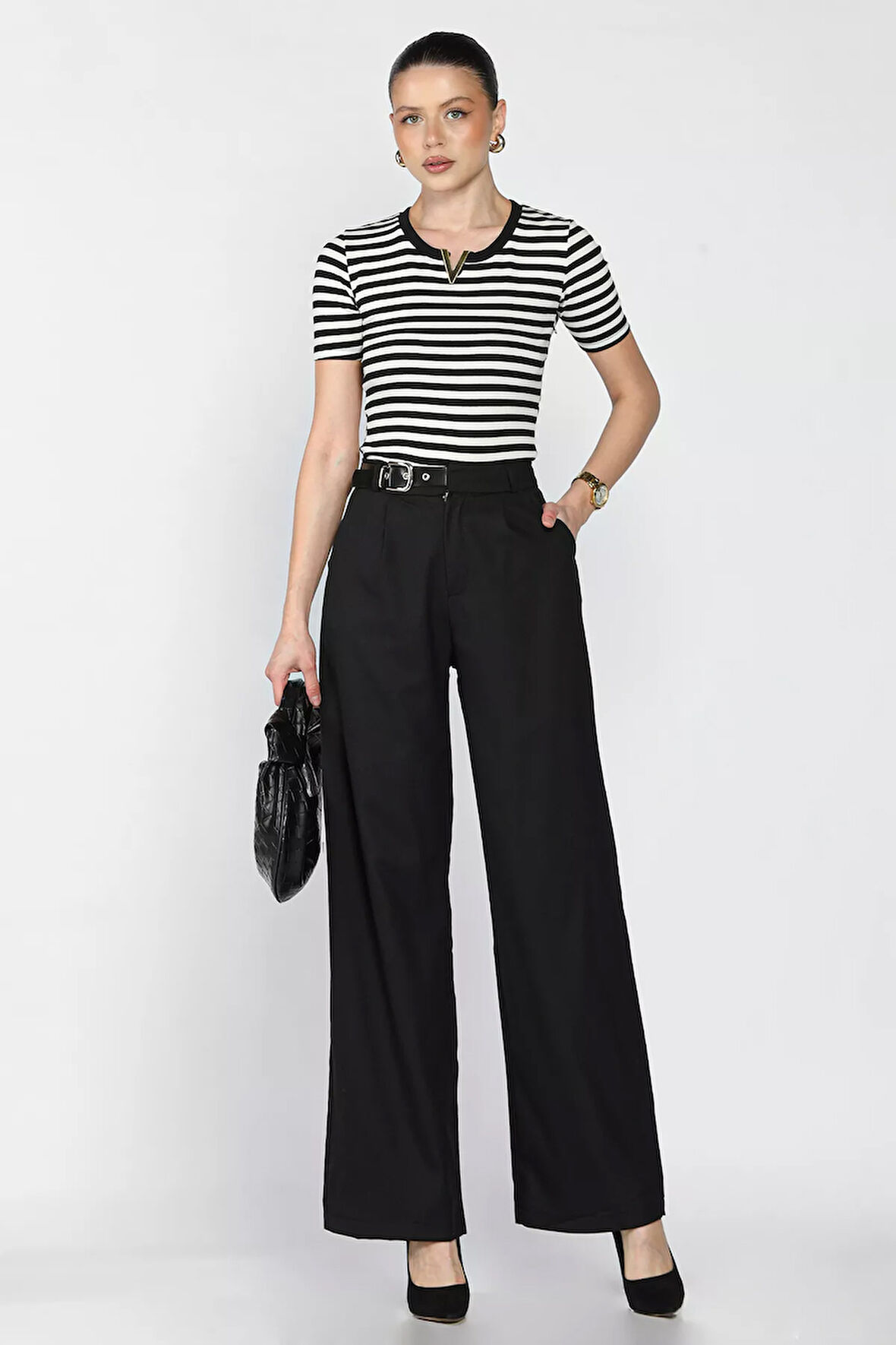 Kadın Kemer Aksesuarlı Yüksek Bel Pileli Pantolon