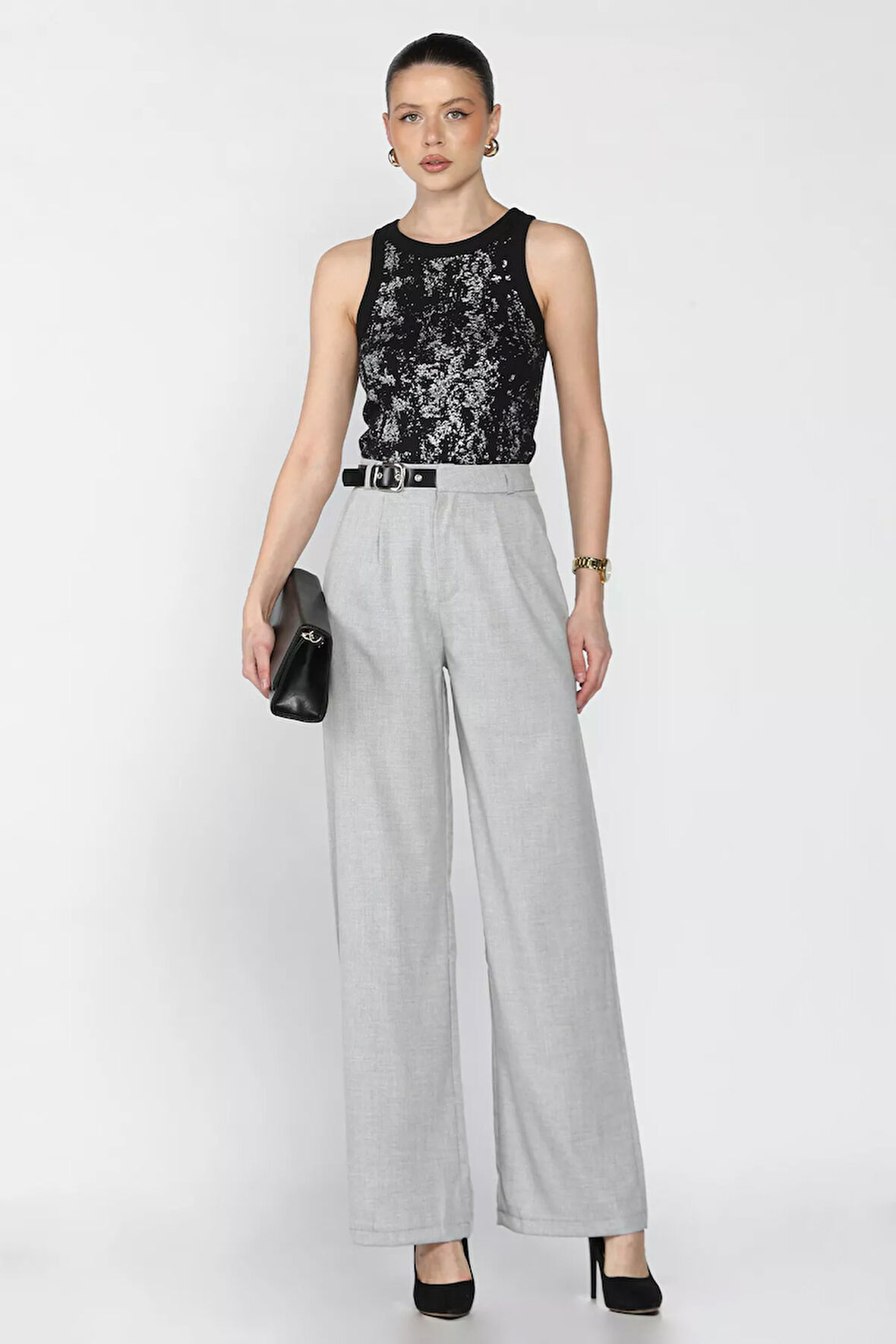 Kadın Kemer Aksesuarlı Yüksek Bel Pileli Pantolon