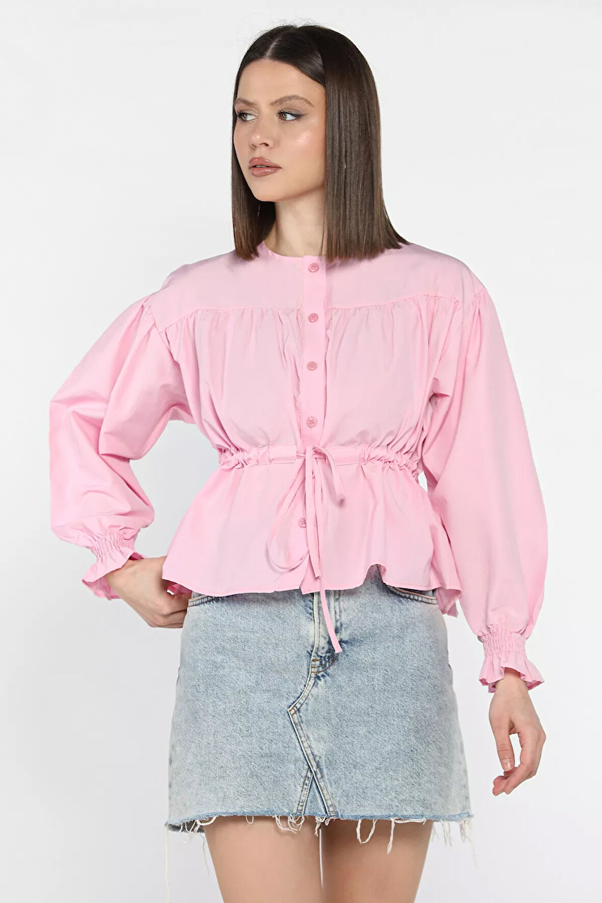 Bel Bağlamalı Kol Lastikli Kadın Bisiklet Yaka Gömlek