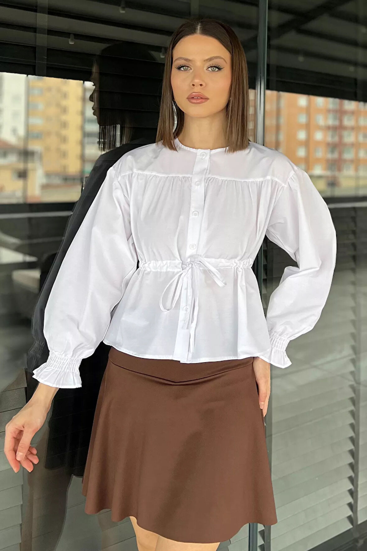 Bel Bağlamalı Kol Lastikli Kadın Bisiklet Yaka Gömlek