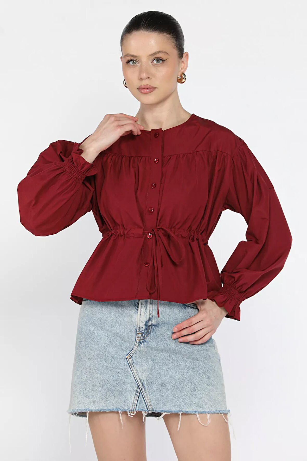 Bel Bağlamalı Kol Lastikli Kadın Bisiklet Yaka Gömlek