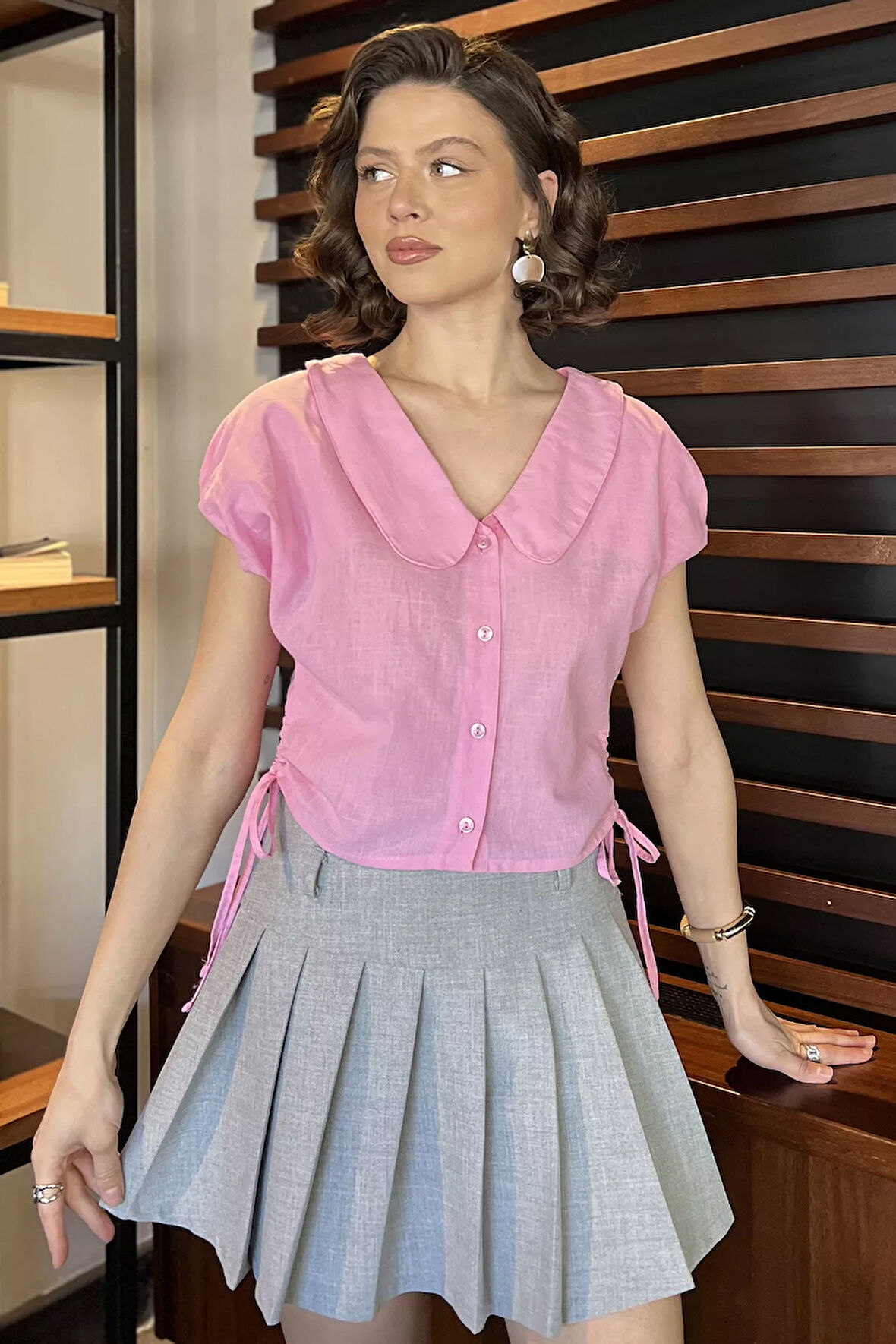 Kol Lastikli Yan Bağcıklı Kadın Gömlek