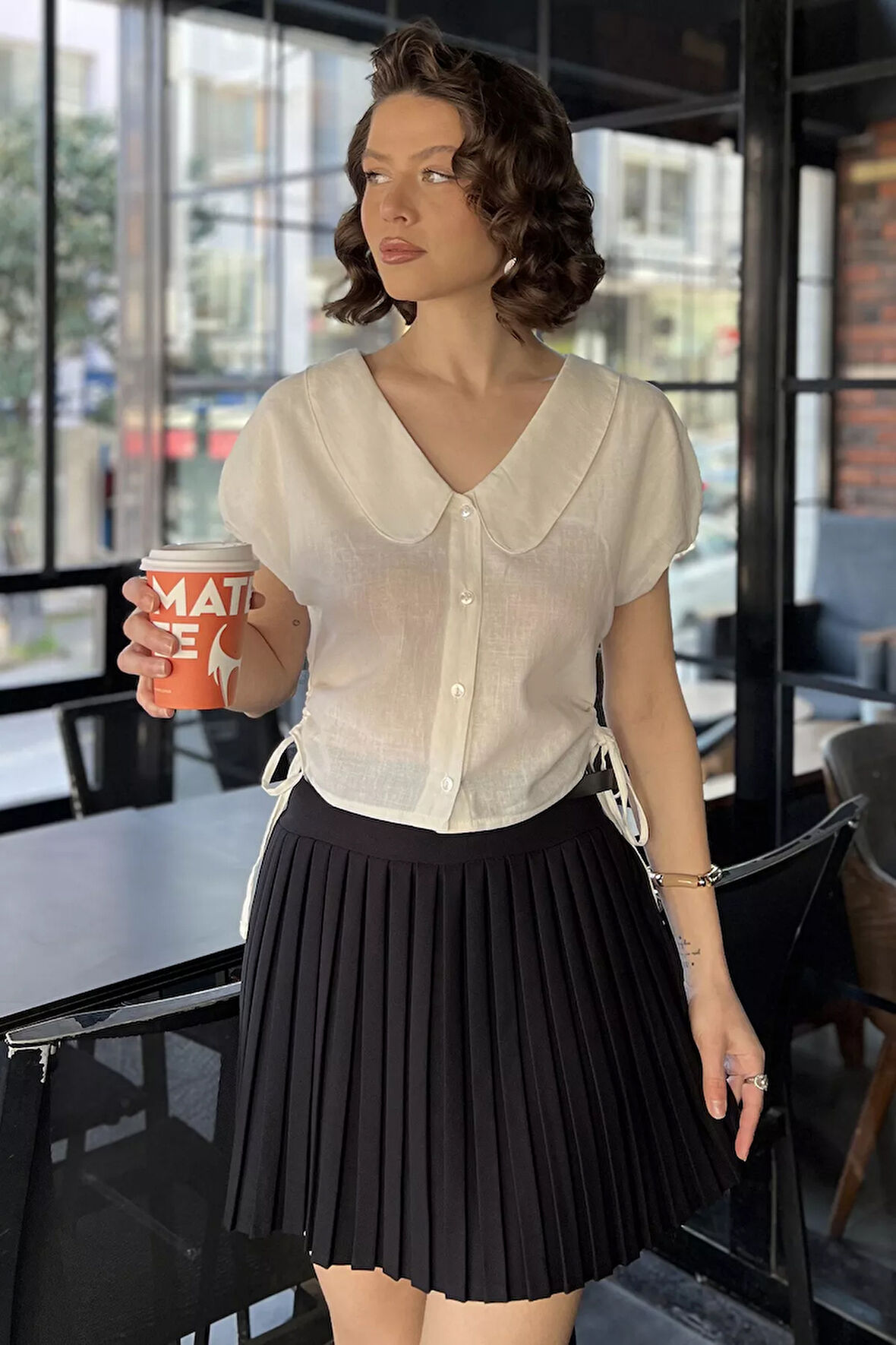 Kol Lastikli Yan Bağcıklı Kadın Gömlek