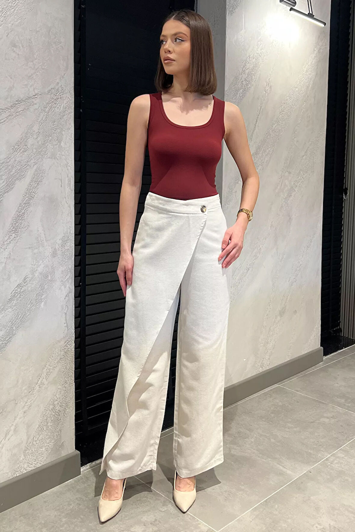 Kadın Yüksek Bel Parçalı Yan Fermuarlı Keten Pantolon