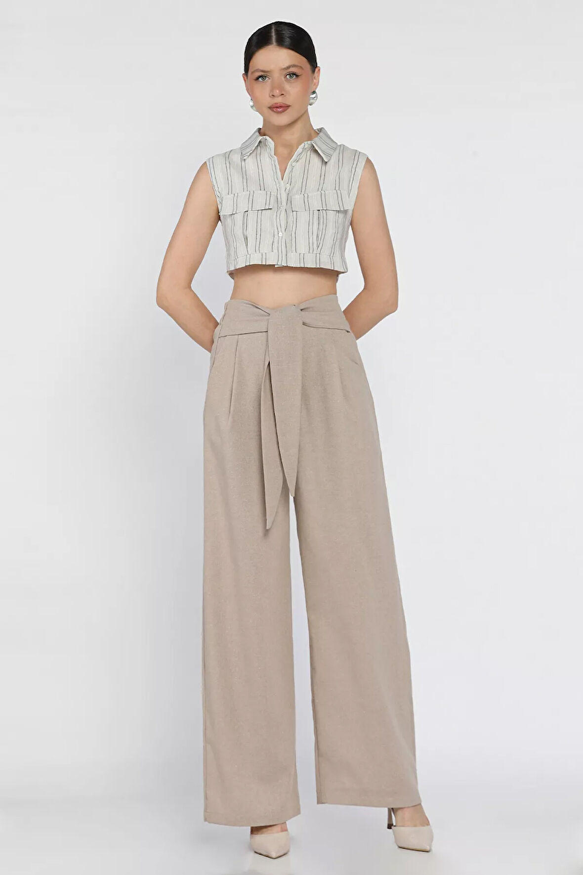 Bel Bağlamalı Fermuarlı Kadın Keten Pantolon