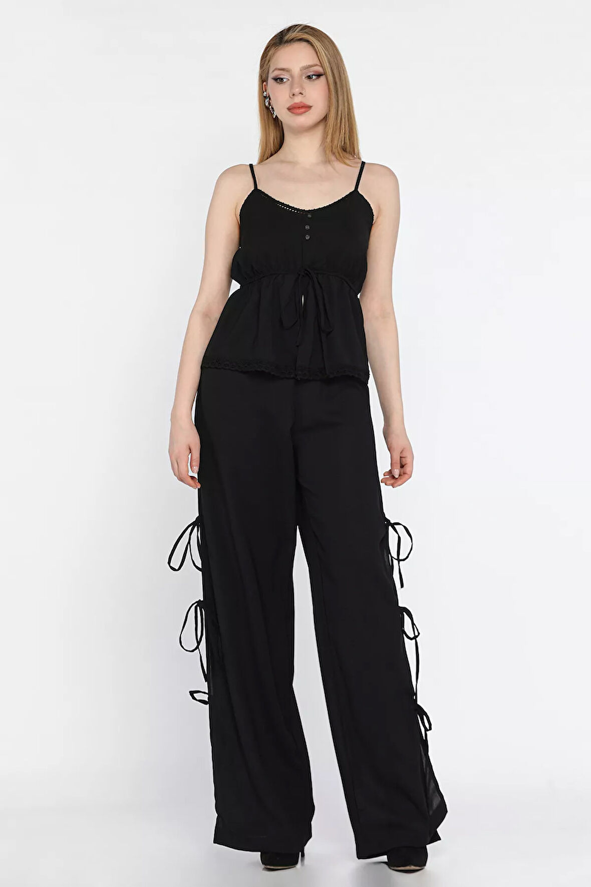 İp Askılı Bel Lastikli Bluz Pantolon İkili Takım