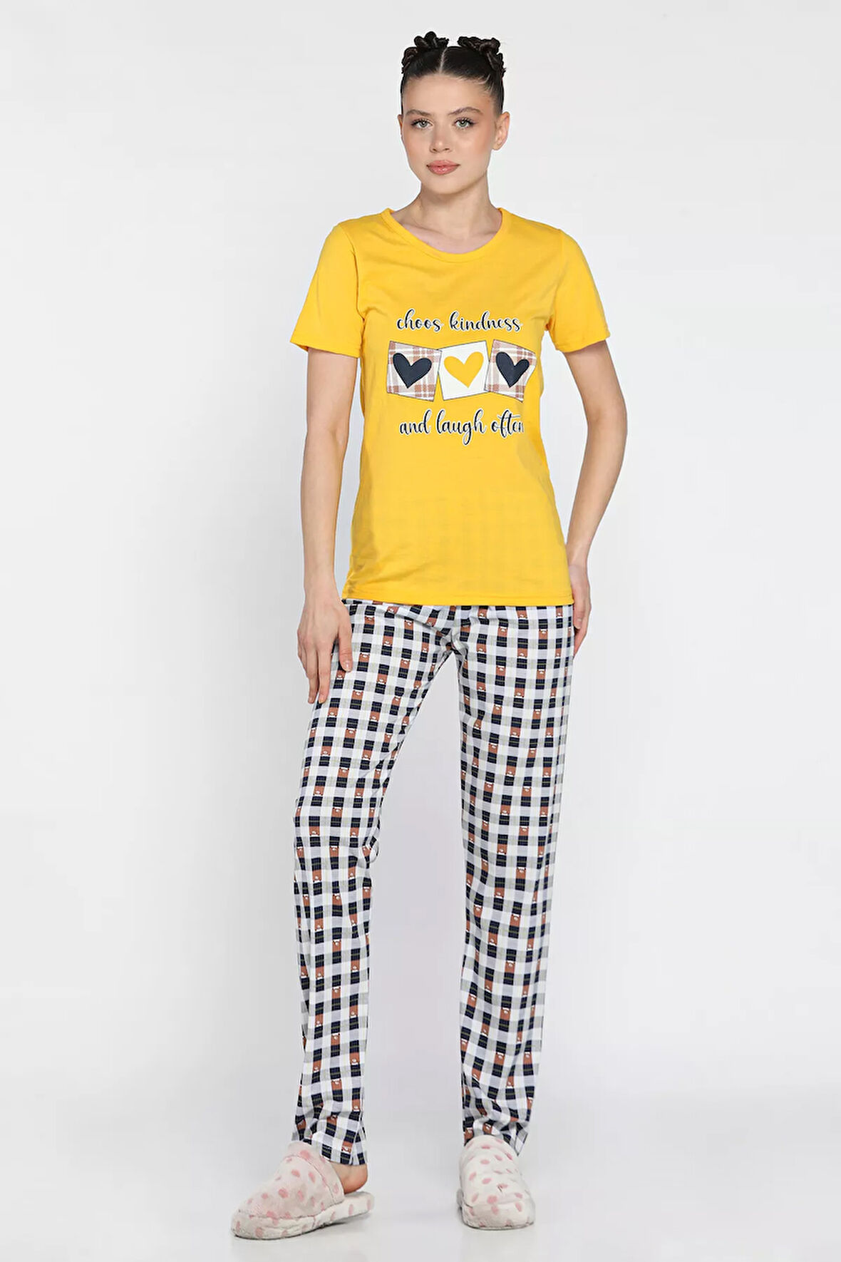Kadın Ekose Desenli Baskılı Kısa Kol Pijama Takımı