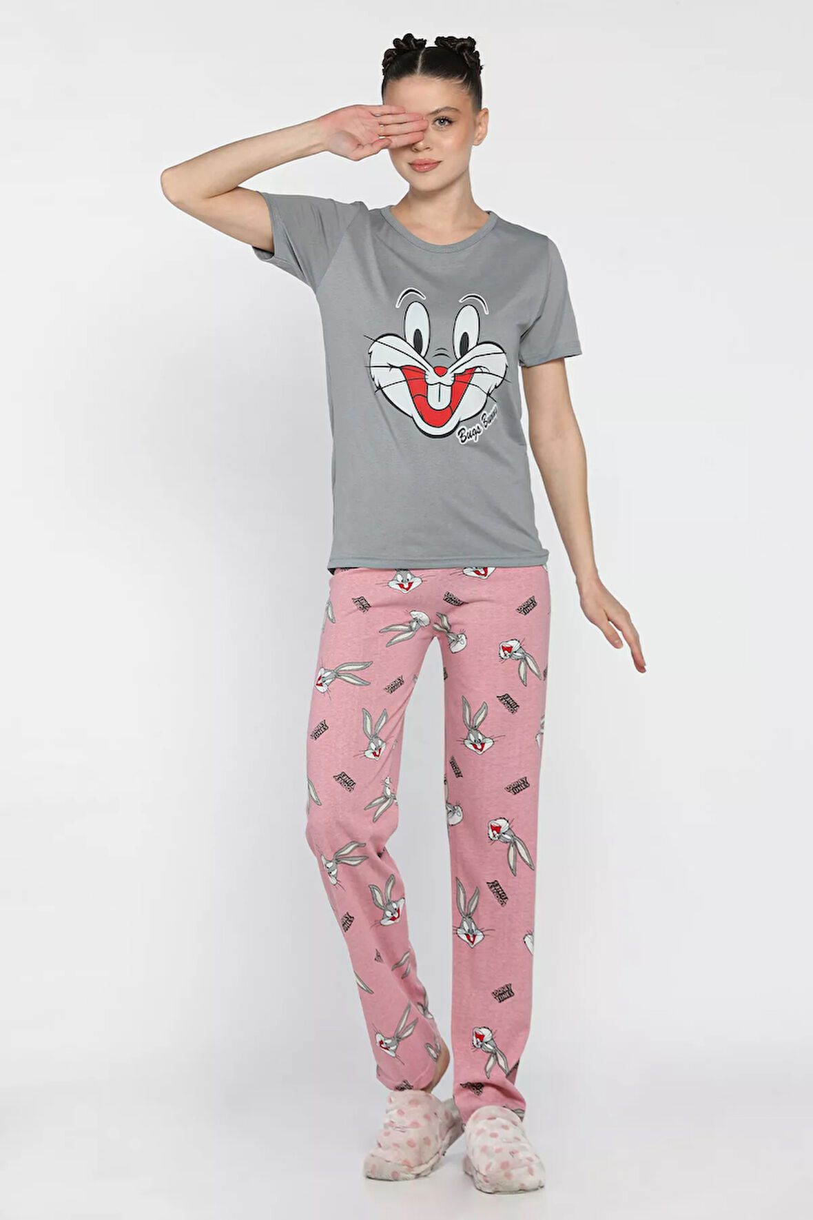 Kadın Bisiklet Yaka Kısa Kol Baskılı Pijama Takımı