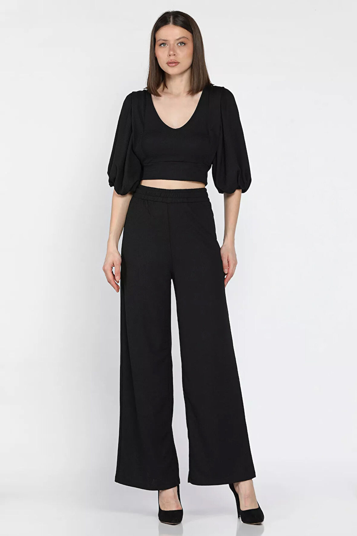 Kadın V Yaka Balon Kol Bluz Palazzo Pantolon İkili Takım