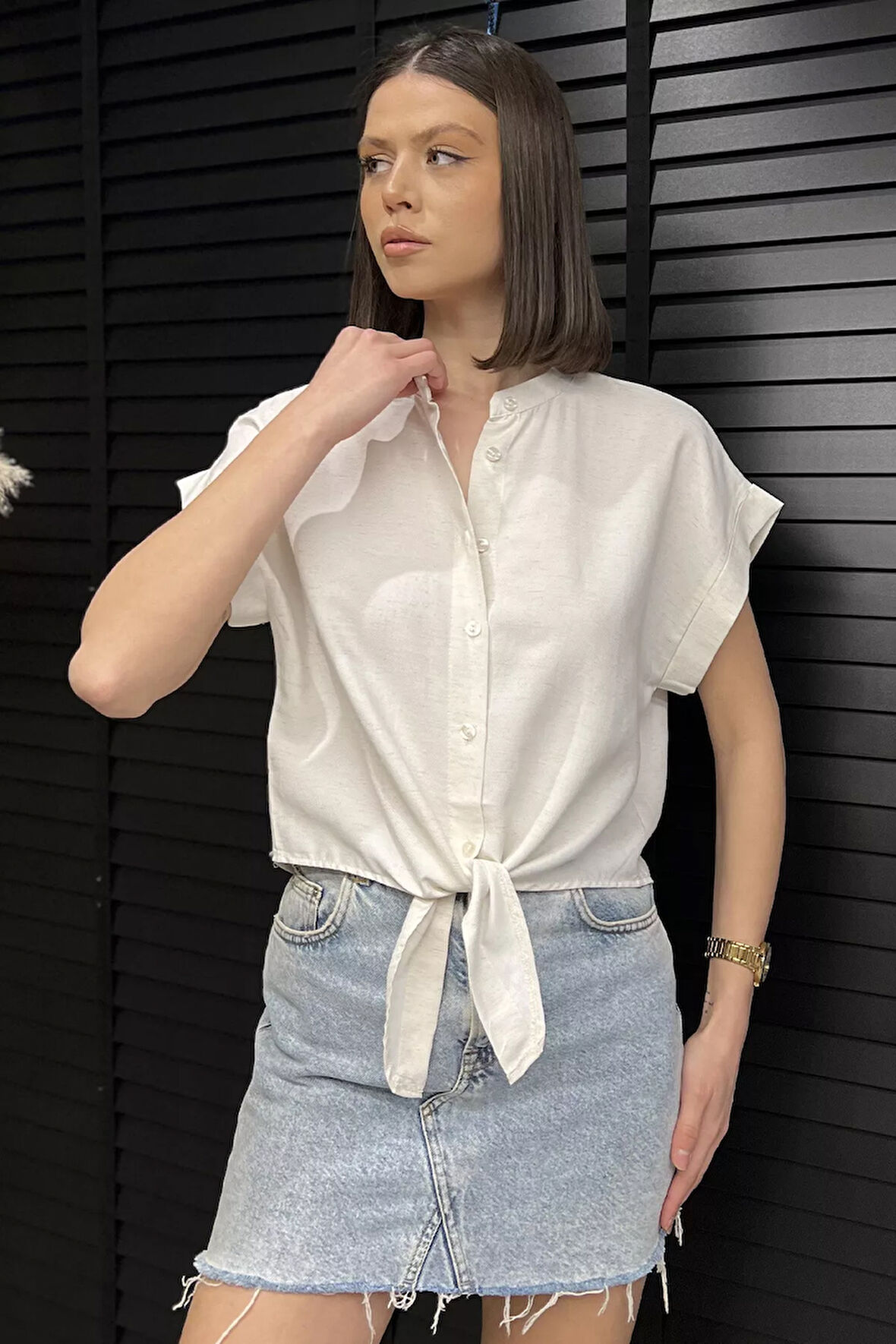 Kadın Ön Bağlamalı Duble Kol Keten Gömlek