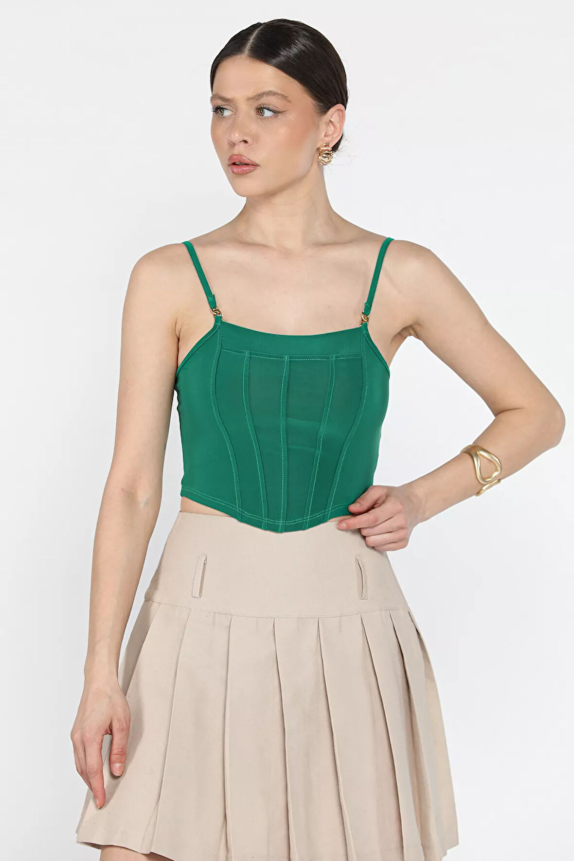 Kadın Ayarlanabilir Askılı Likralı Crop Top Bluz