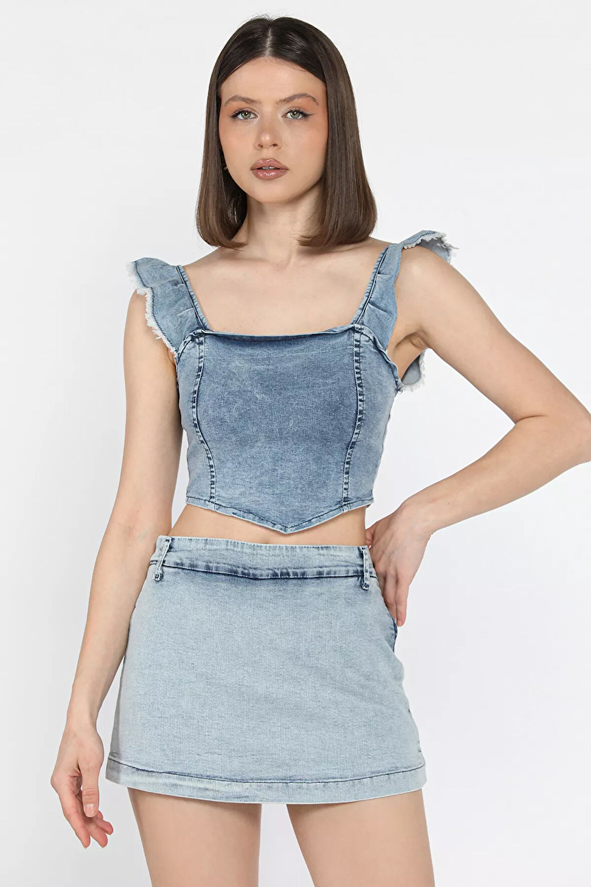 Kadın Omuz Fırfırlı Sırt Fermuarlı Jean Kot Crop Top Bluz