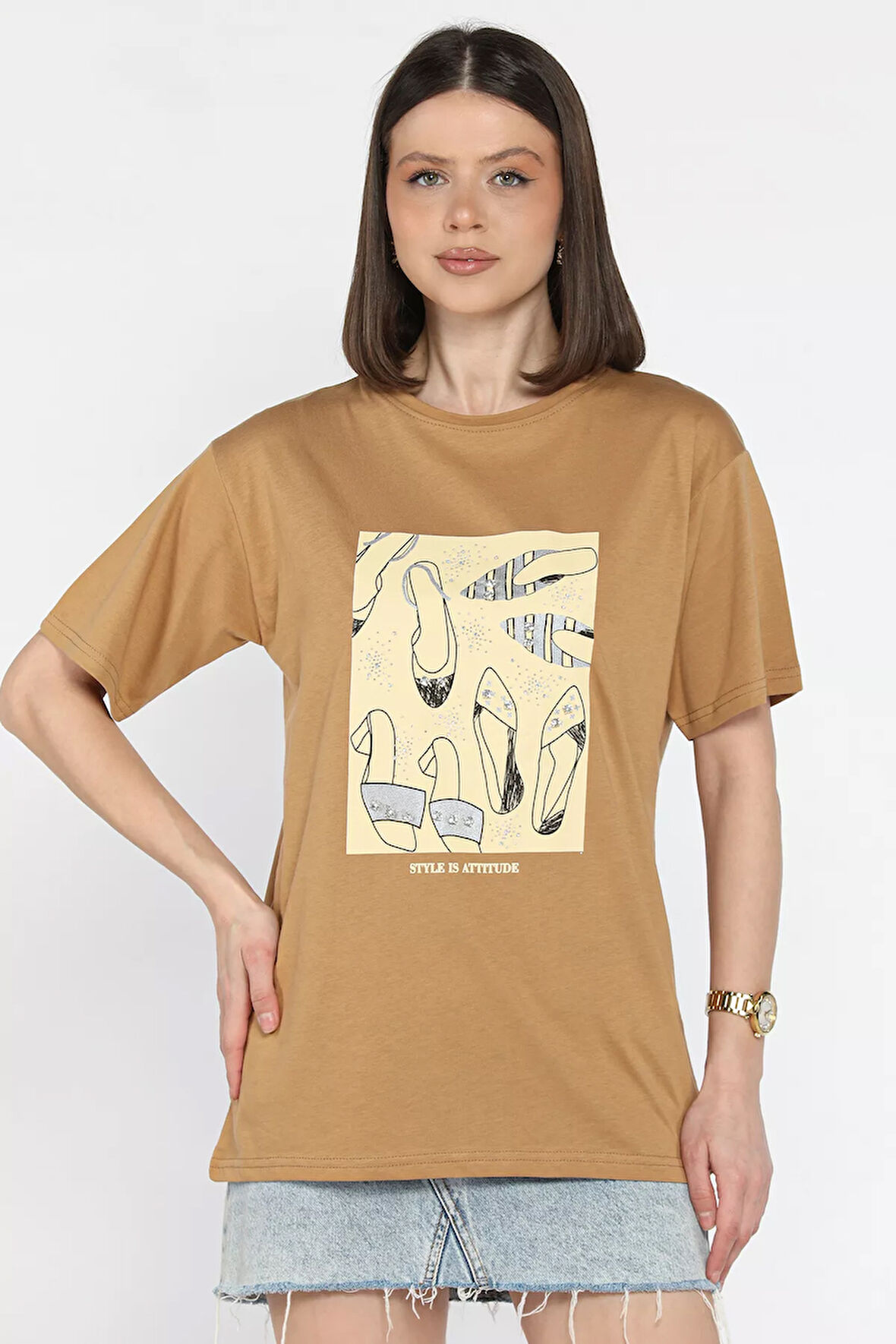 Kadın Bisiklet Yaka Taş İşlemeli Baskılı Kadın Tişört