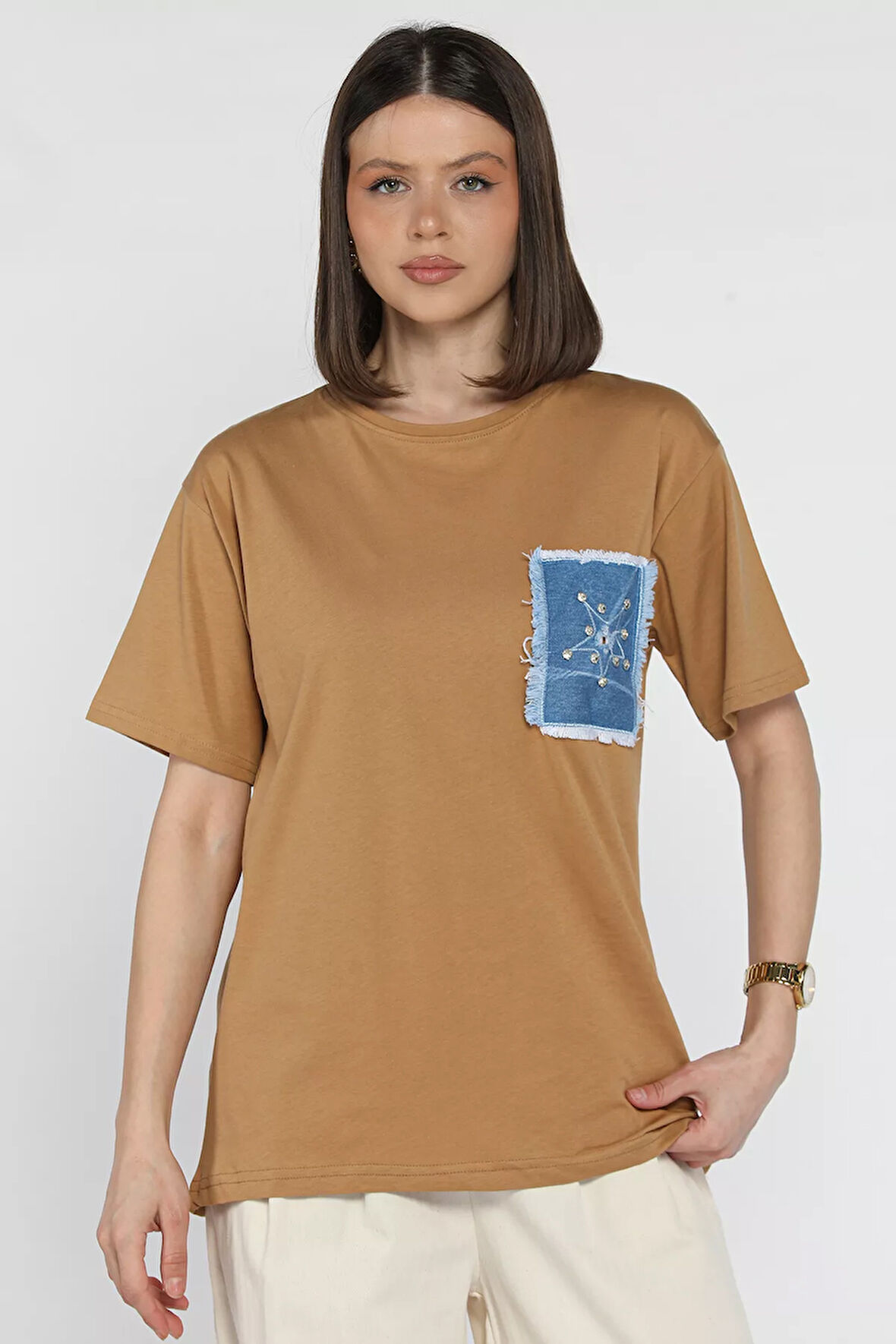 Kot Garnili Taşlı Kadın Tişört