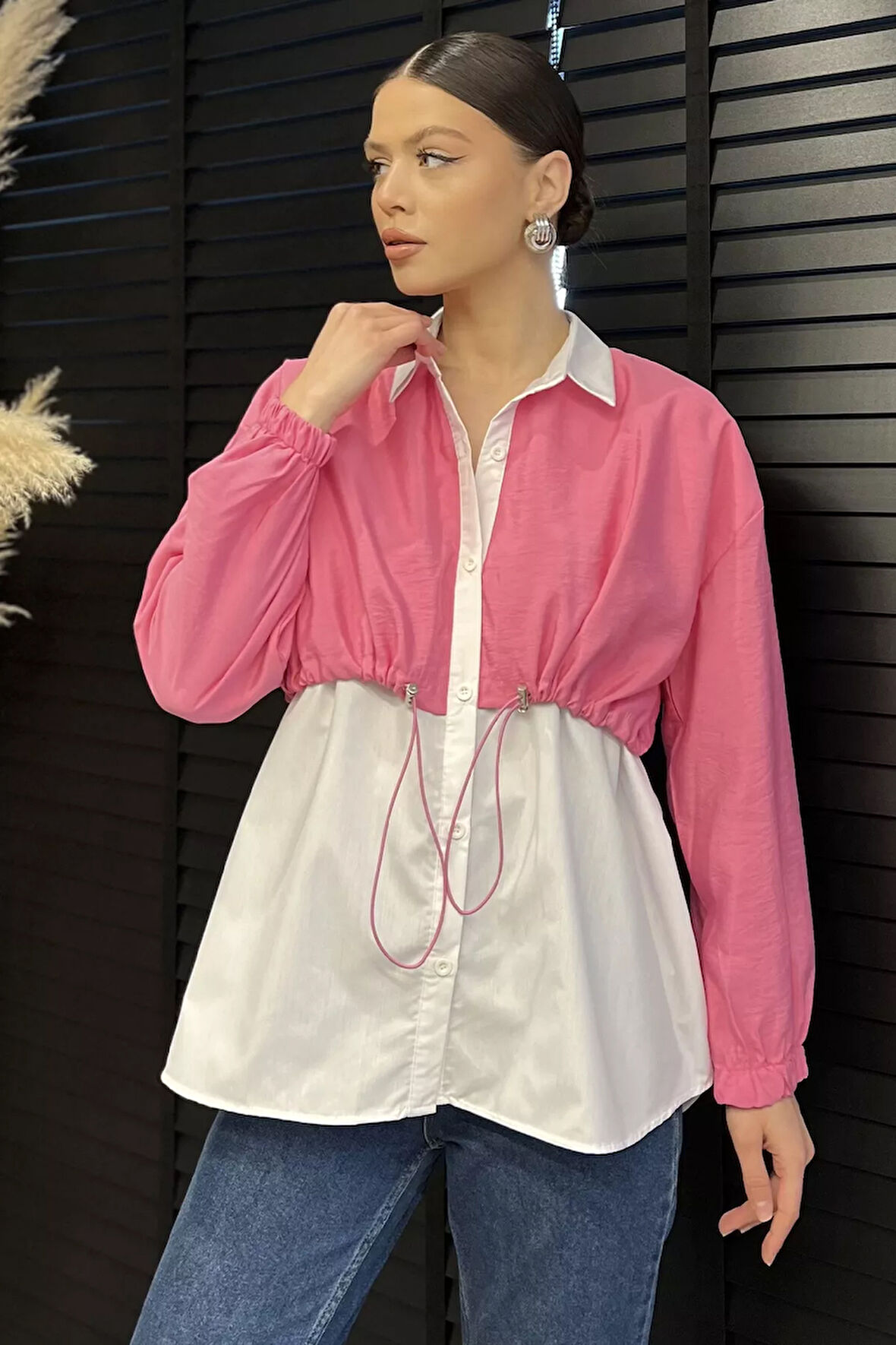 Bel Büzgülü Kadın Paraşüt Garnili Gömlek