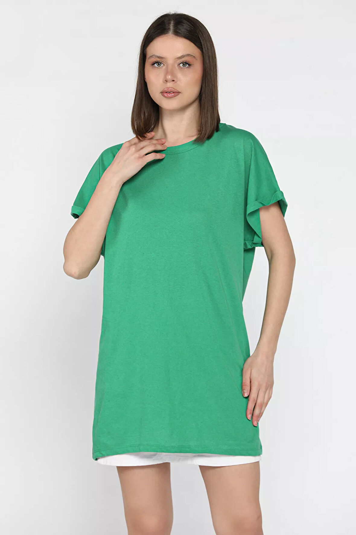 Kol Katlamalı Bisiklet Yaka Kadın Uzun Tişört (m-l-xl Uyumludur)