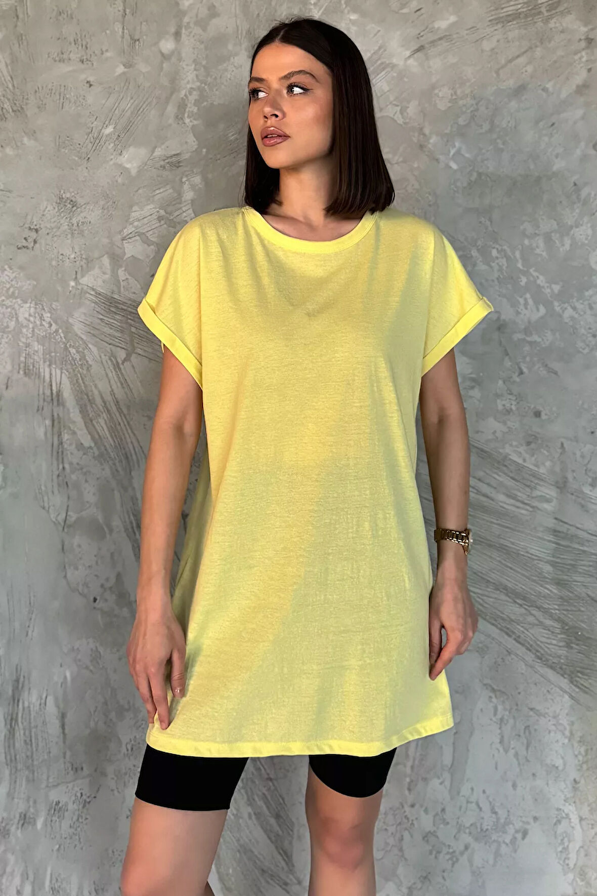 Kol Katlamalı Bisiklet Yaka Kadın Uzun Tişört (m-l-xl Uyumludur)