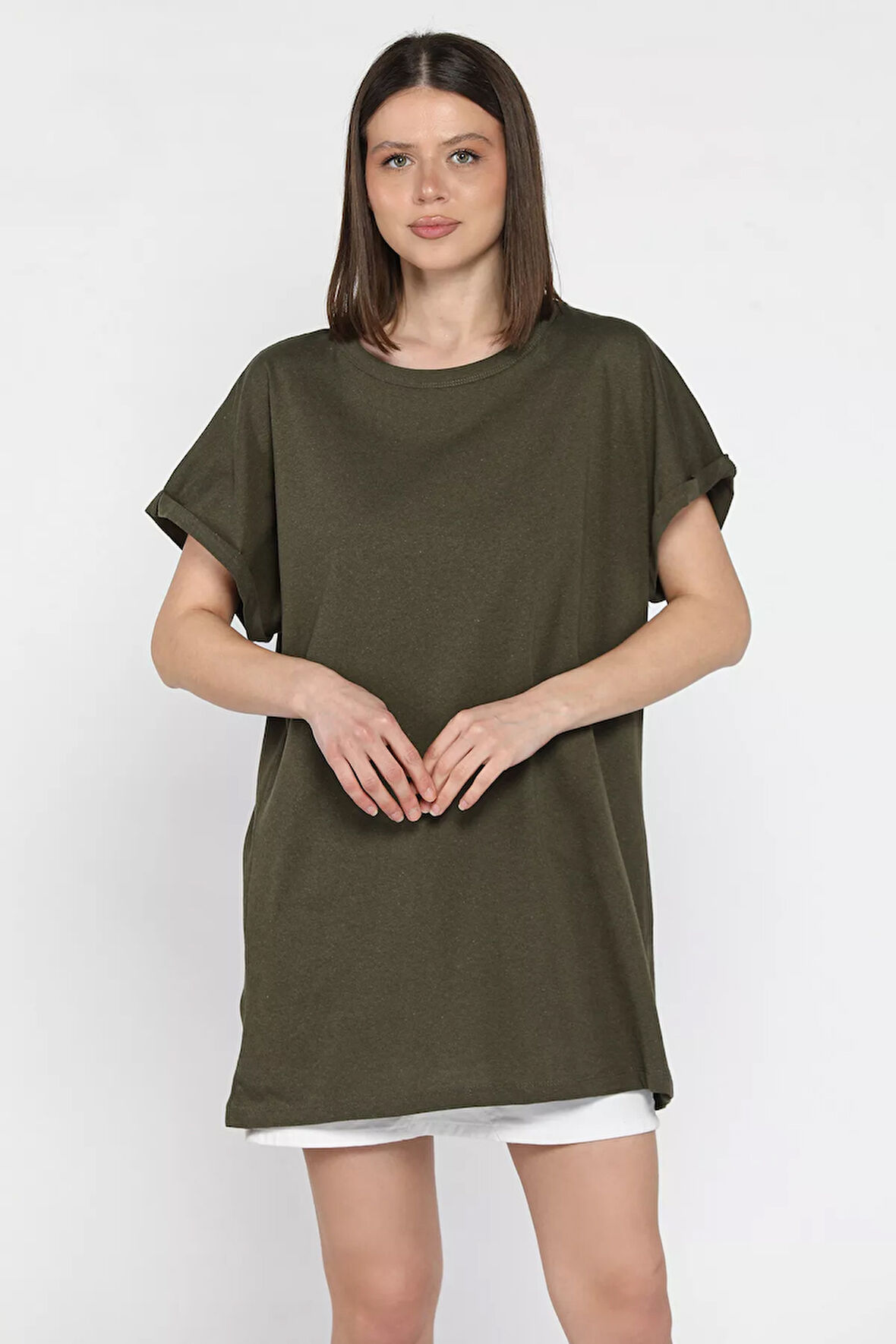 Kol Katlamalı Bisiklet Yaka Kadın Uzun Tişört (m-l-xl Uyumludur)