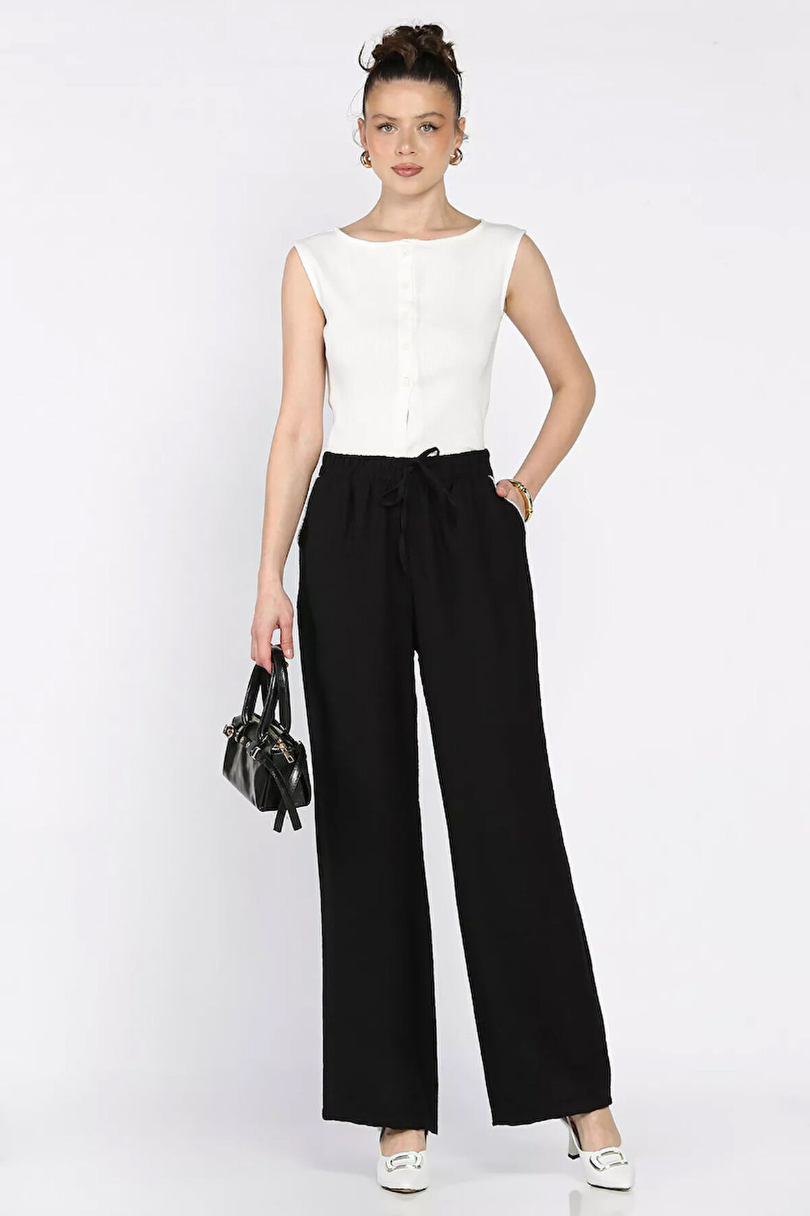 Kadın Yüksek Bel Cep Taşlı Palazzo Pantolon