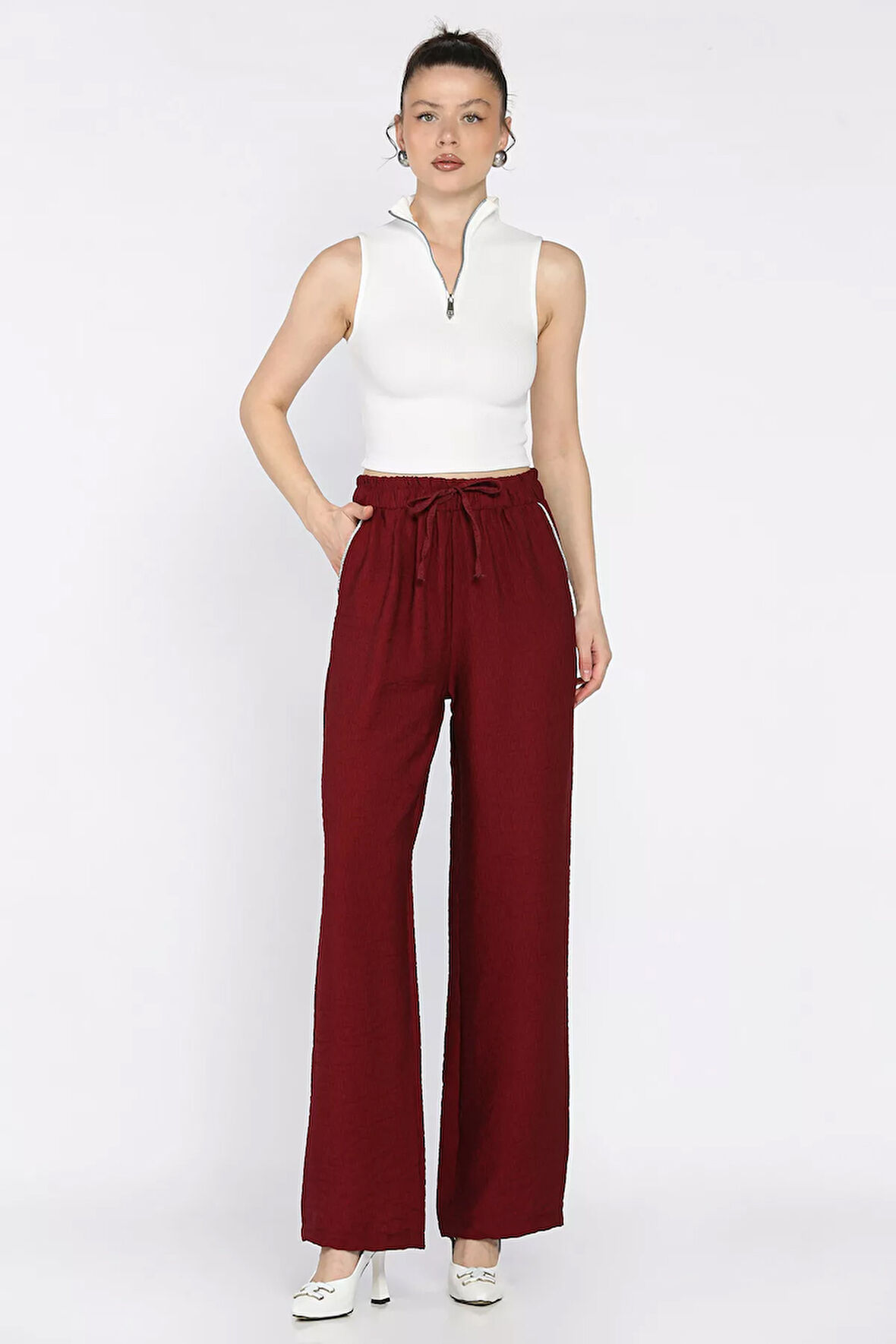 Kadın Yüksek Bel Cep Taşlı Palazzo Pantolon