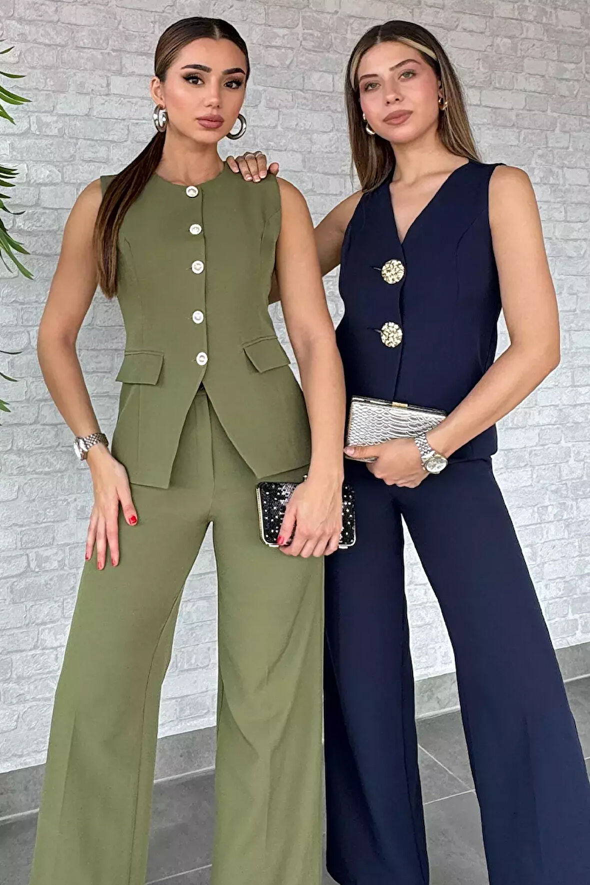 Düğme Detaylı Yelek Pantolon İkili Takım