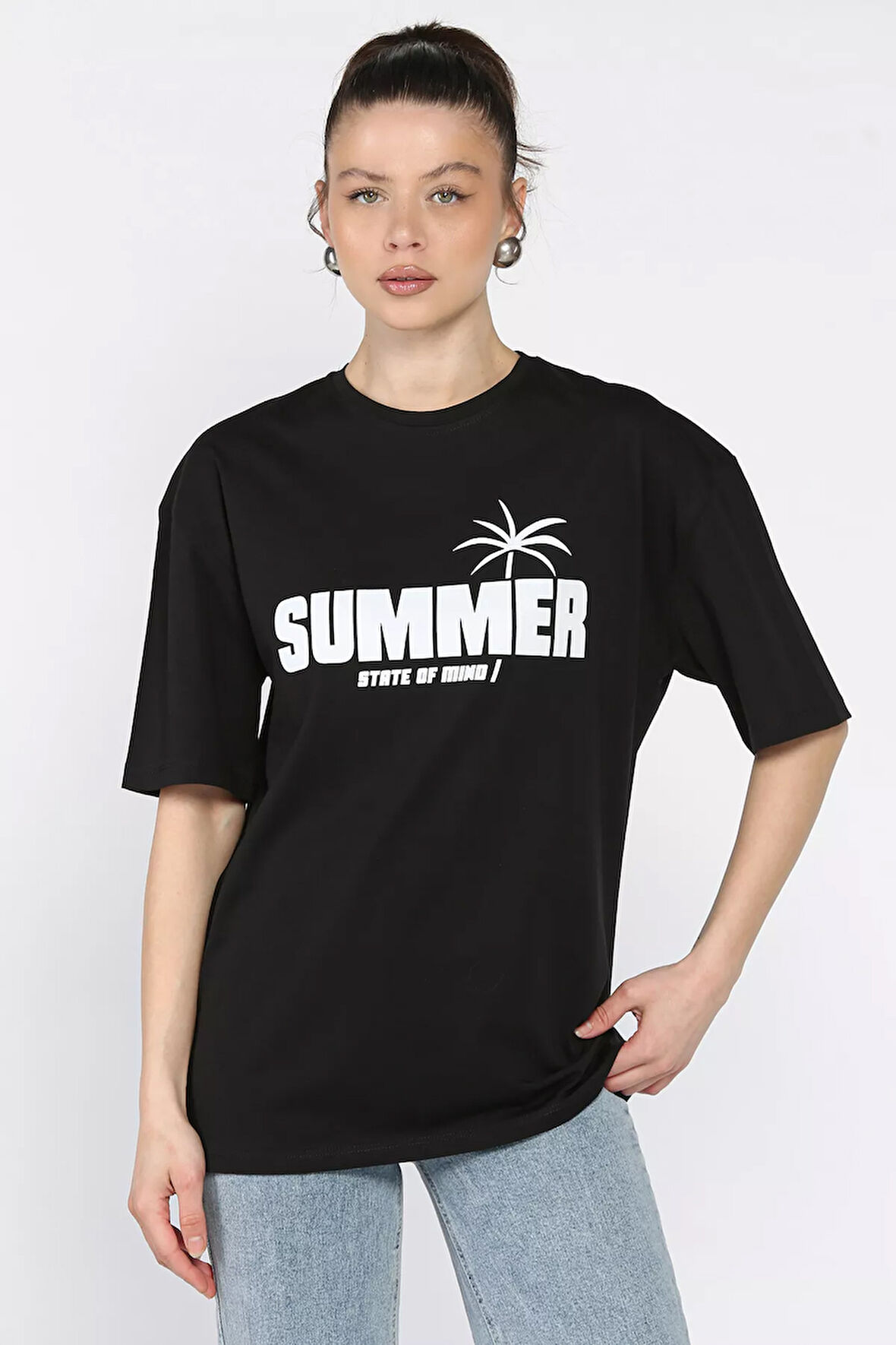 Bisiklet Yaka Baskılı Kadın Tişört