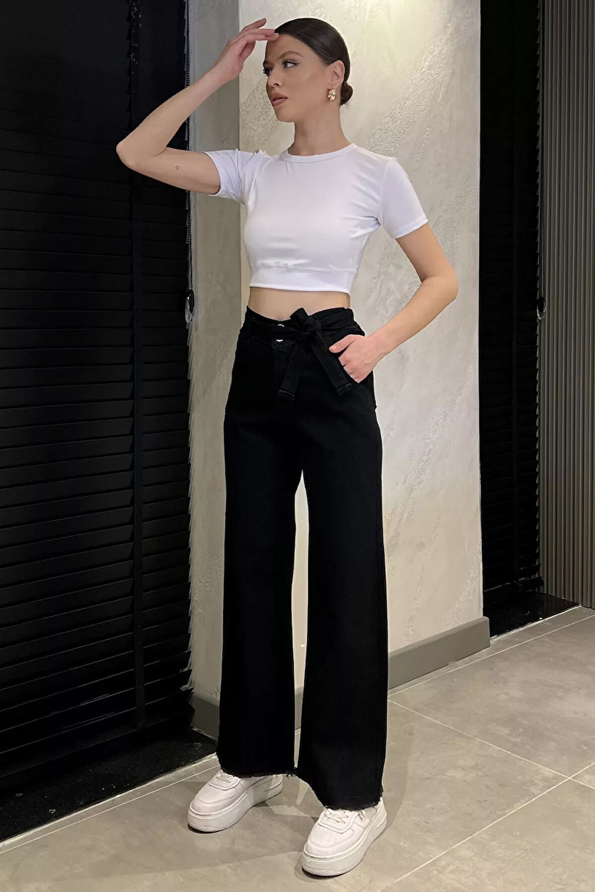 Kuşaklı Yüksek Bel Likralı Paça Püsküllü Kadın Palazzo Pantolon