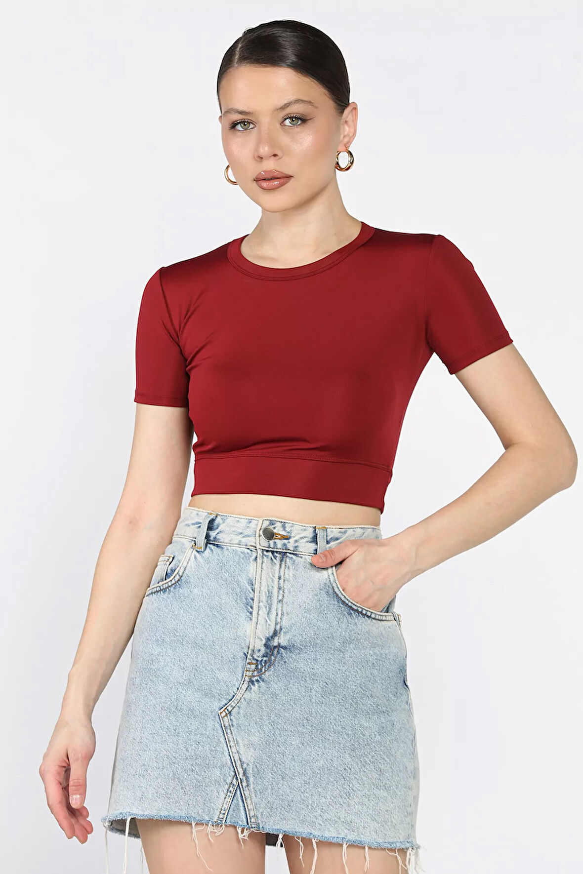 Kadın Bisiklet Yaka Likralı Crop Top Bluz