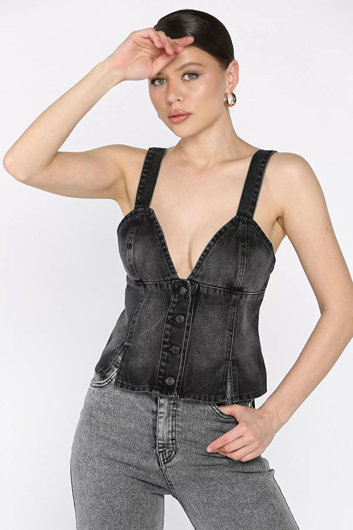 Arkası Korseli Jean Kot Büstiyer