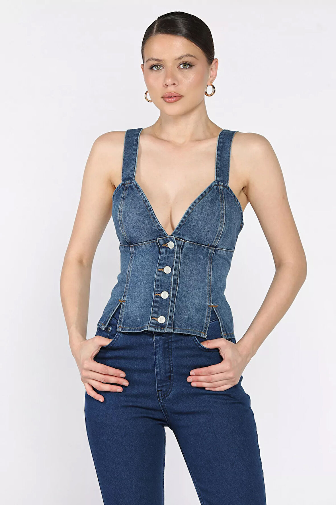 Arkası Korseli Jean Kot Büstiyer