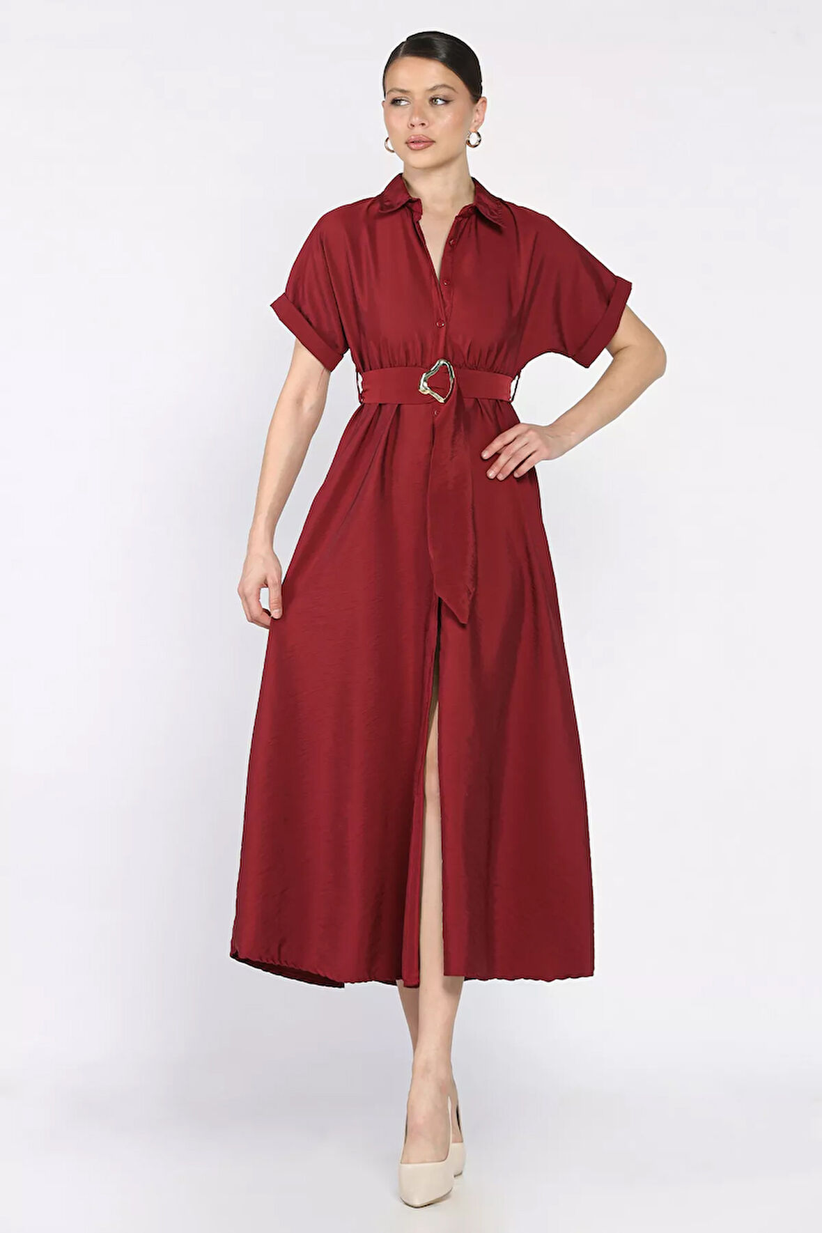 Boydan Düğmeli Bel Lastikli Kemerli Kısa Kol Elbise