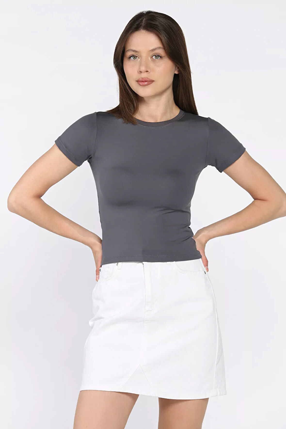 Kadın Bisiklet Yaka Likralı Modal Kumaş Crop Top Bluz