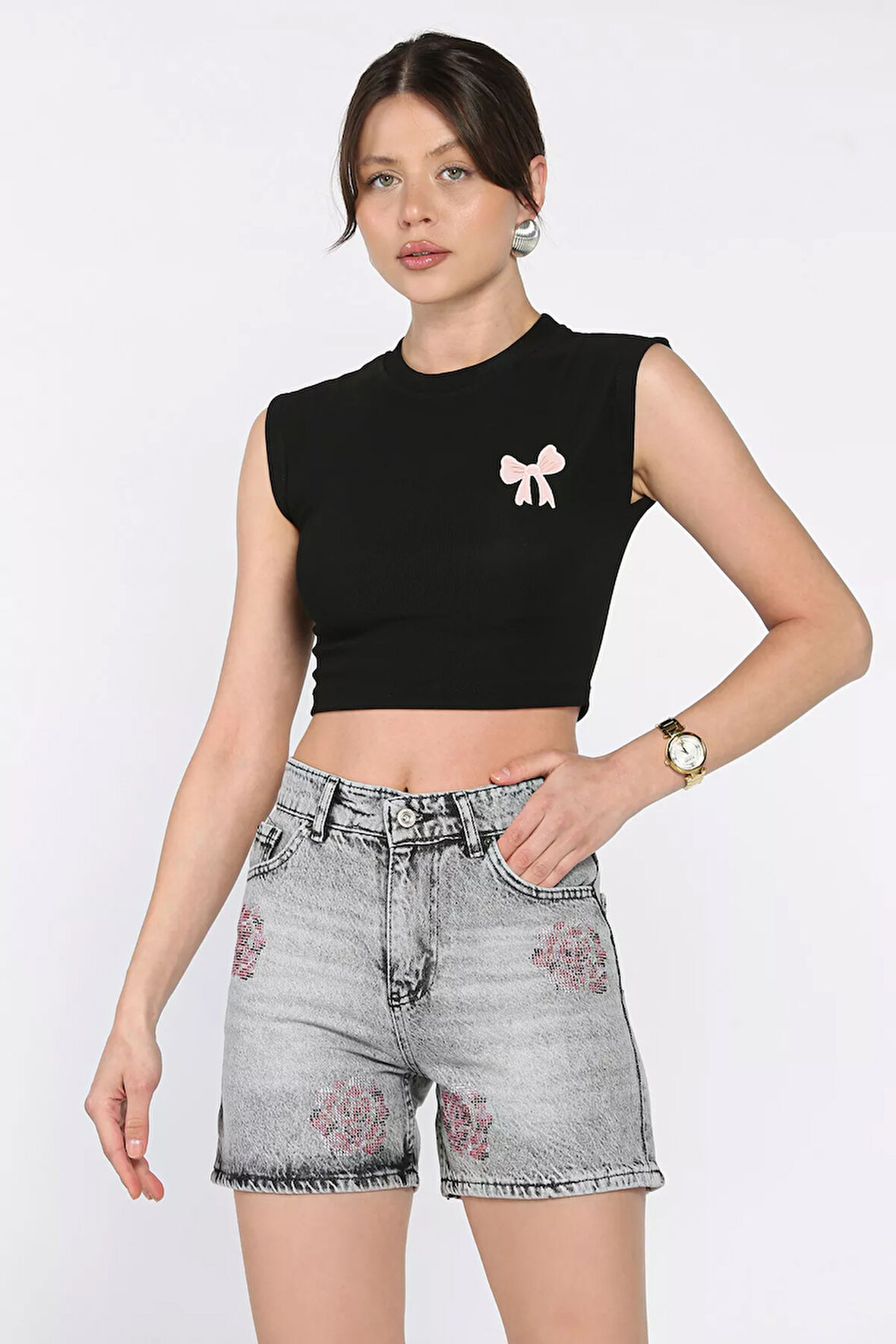 Kadın Çiçek Taşlı Jean Kot Şort