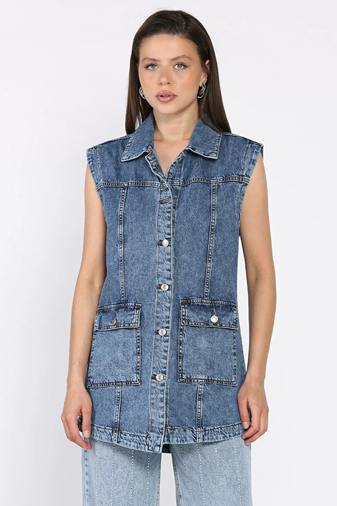 Kadın Çift Cepli Jean Kot Yelek