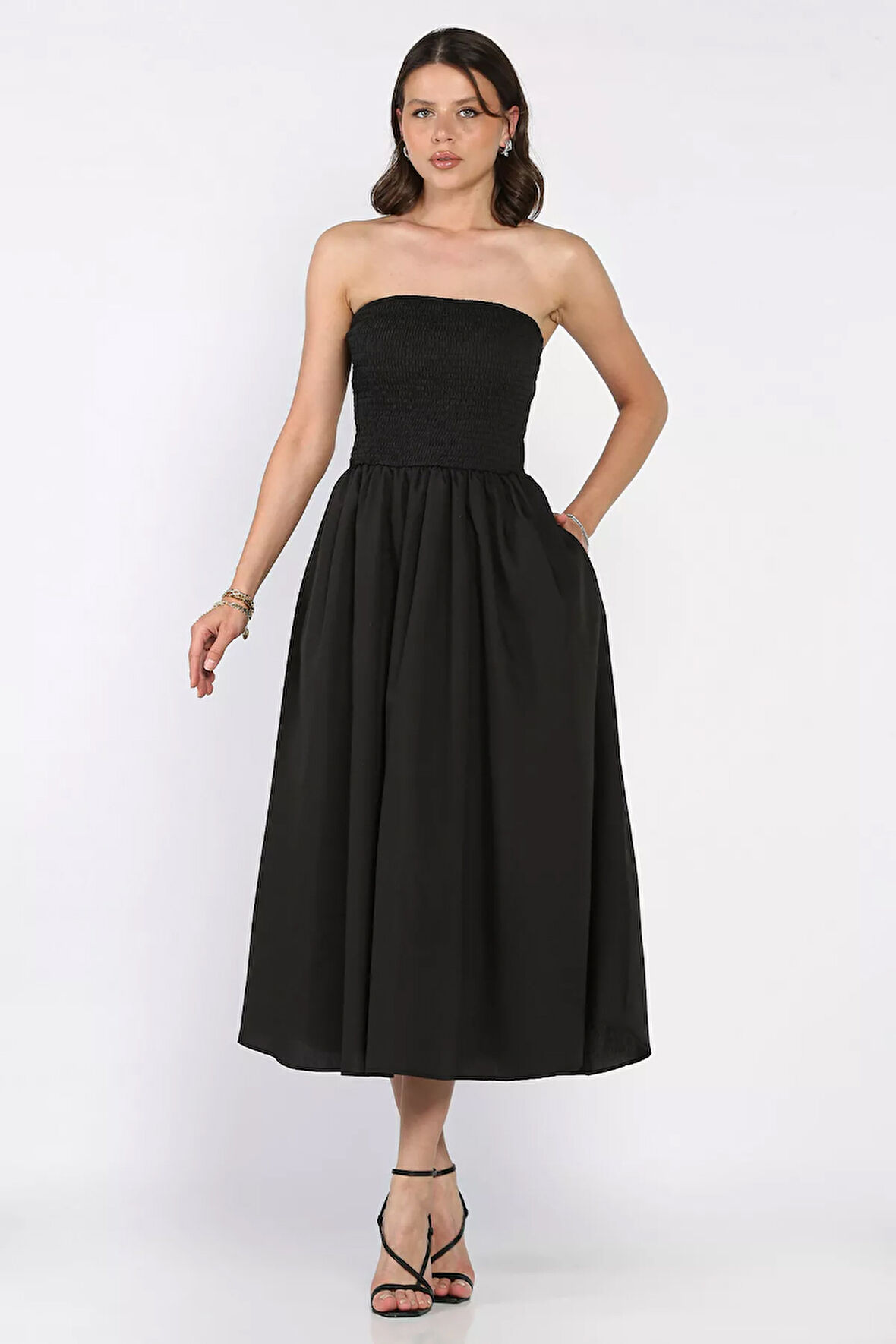 Kadın Straplez Midi Boy Elbise