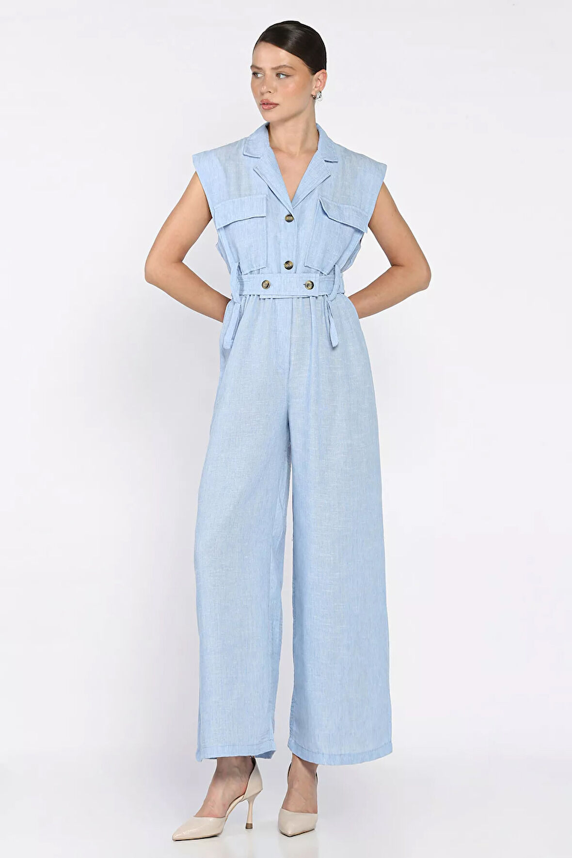 Bel Lastikli Kemerli Keten Tulum