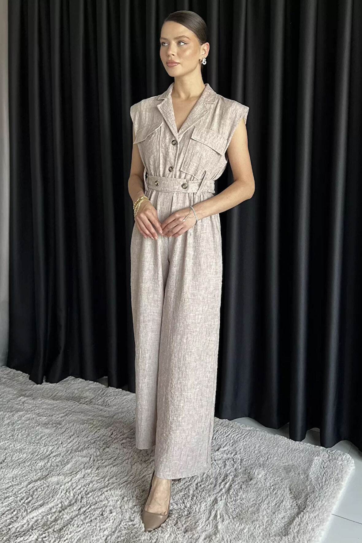 Bel Lastikli Kemerli Keten Tulum